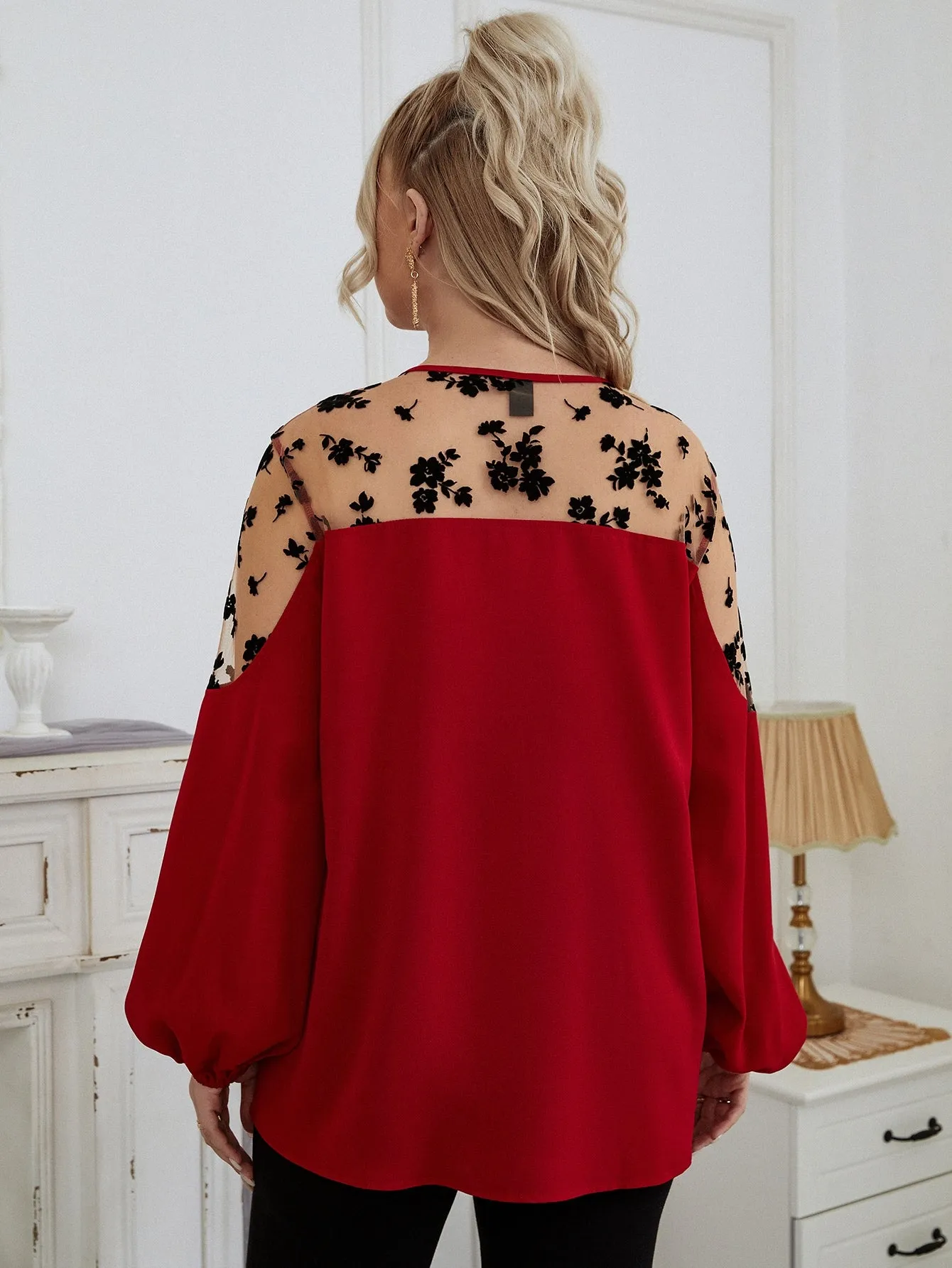 Floral Tie Front Long Sleeve Round Neck Regular Plus Size Blouse