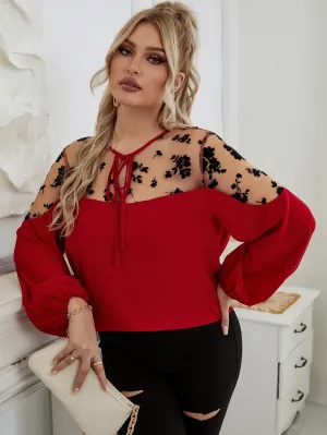 Floral Tie Front Long Sleeve Round Neck Regular Plus Size Blouse