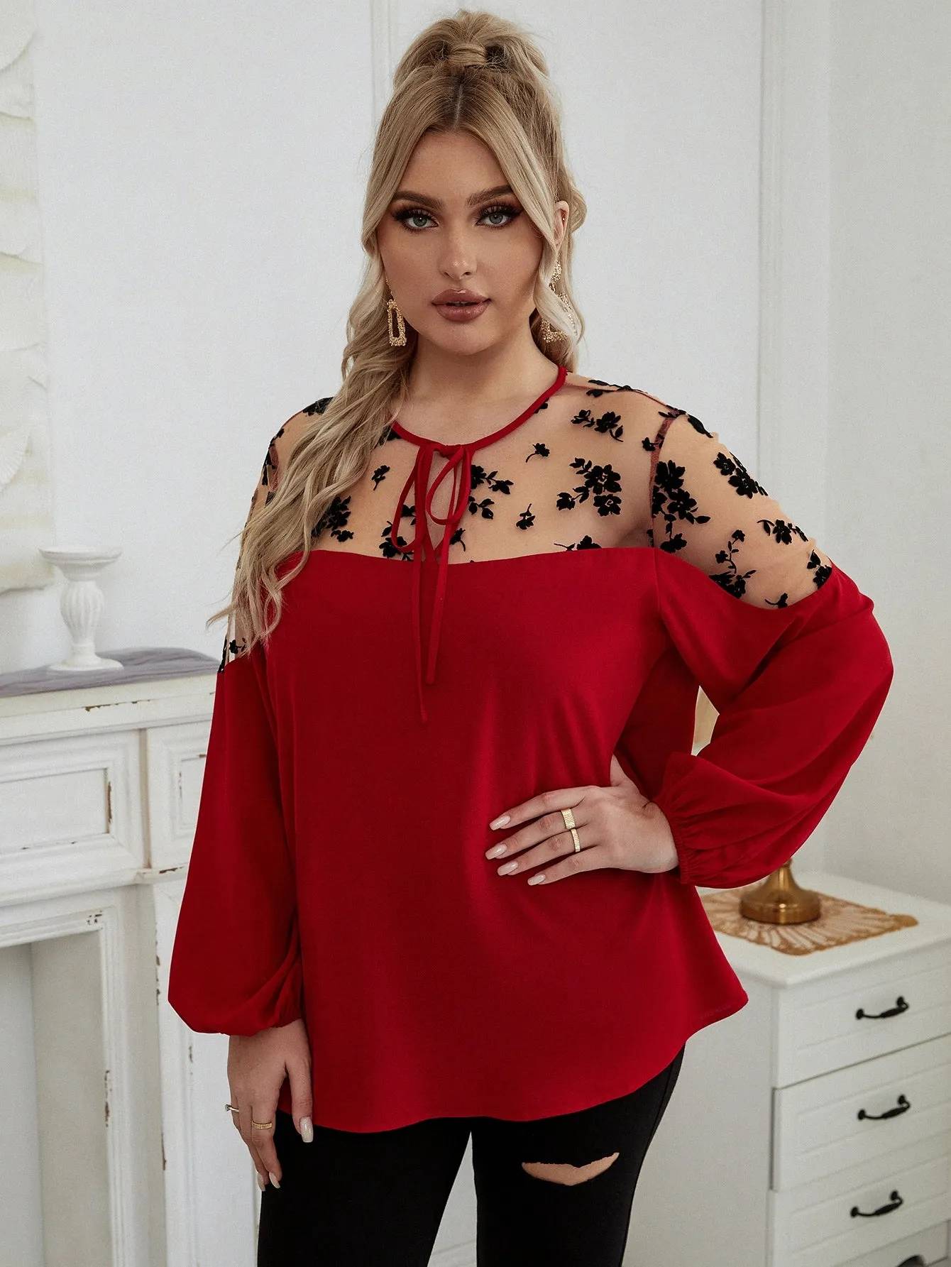Floral Tie Front Long Sleeve Round Neck Regular Plus Size Blouse