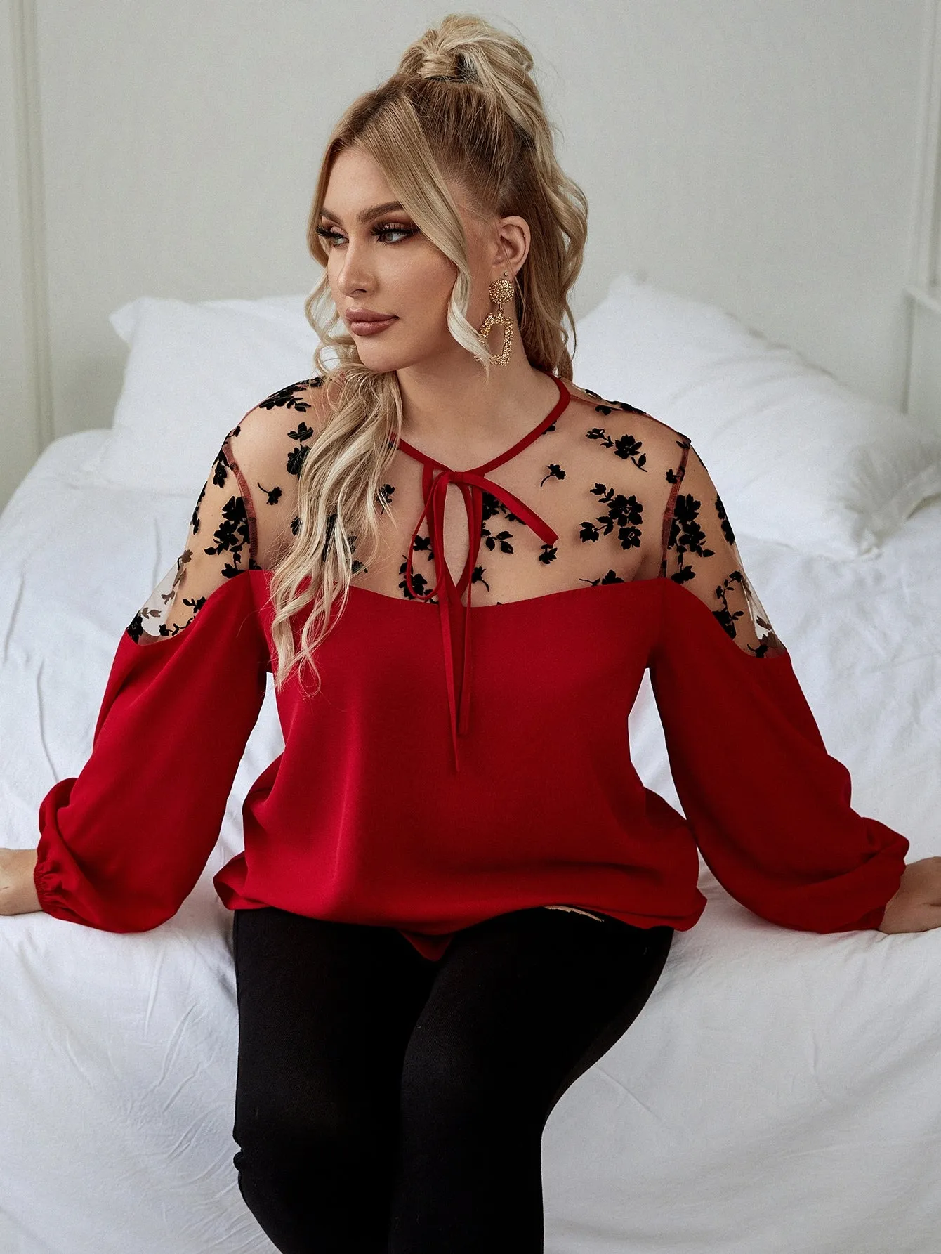 Floral Tie Front Long Sleeve Round Neck Regular Plus Size Blouse