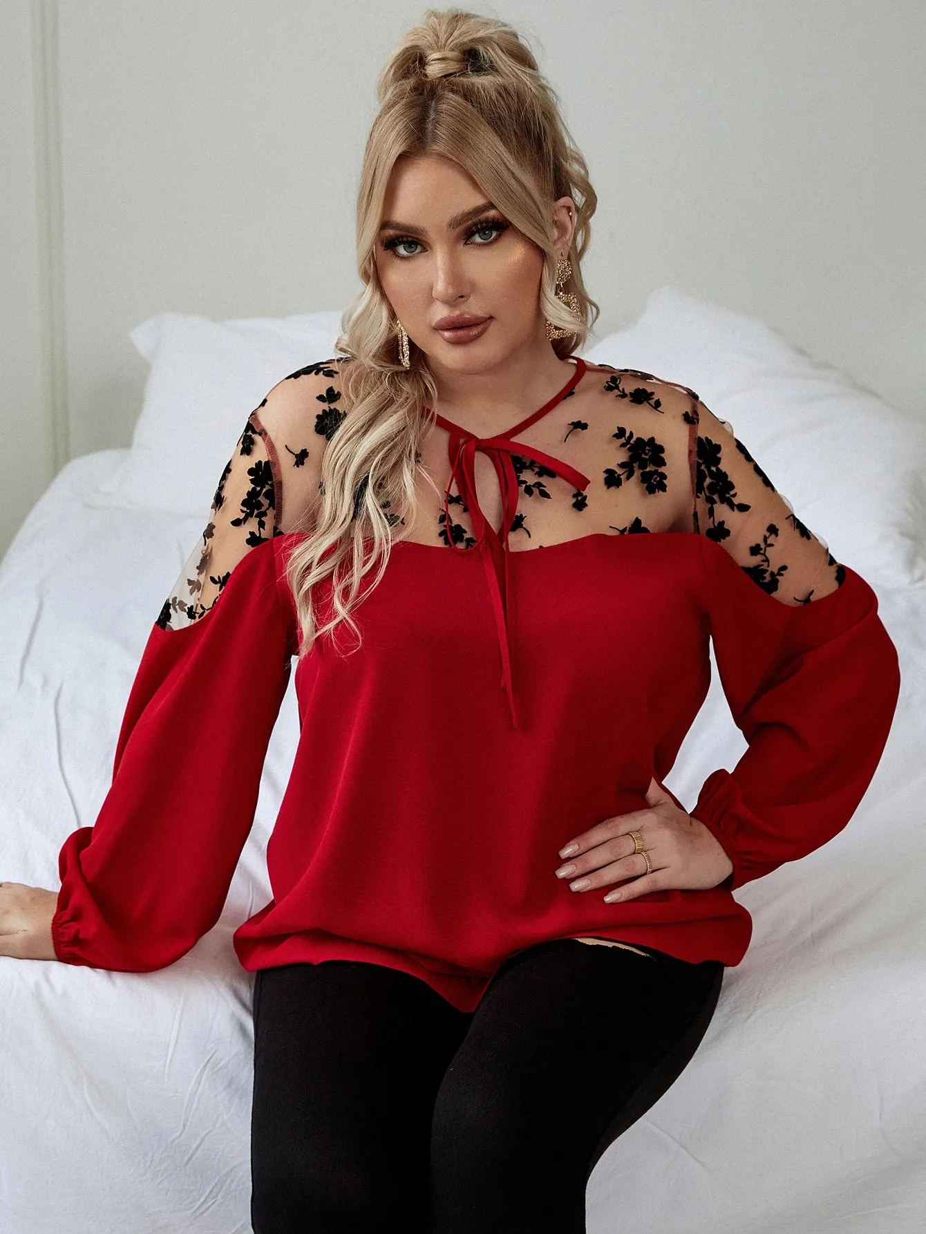 Floral Tie Front Long Sleeve Round Neck Regular Plus Size Blouse