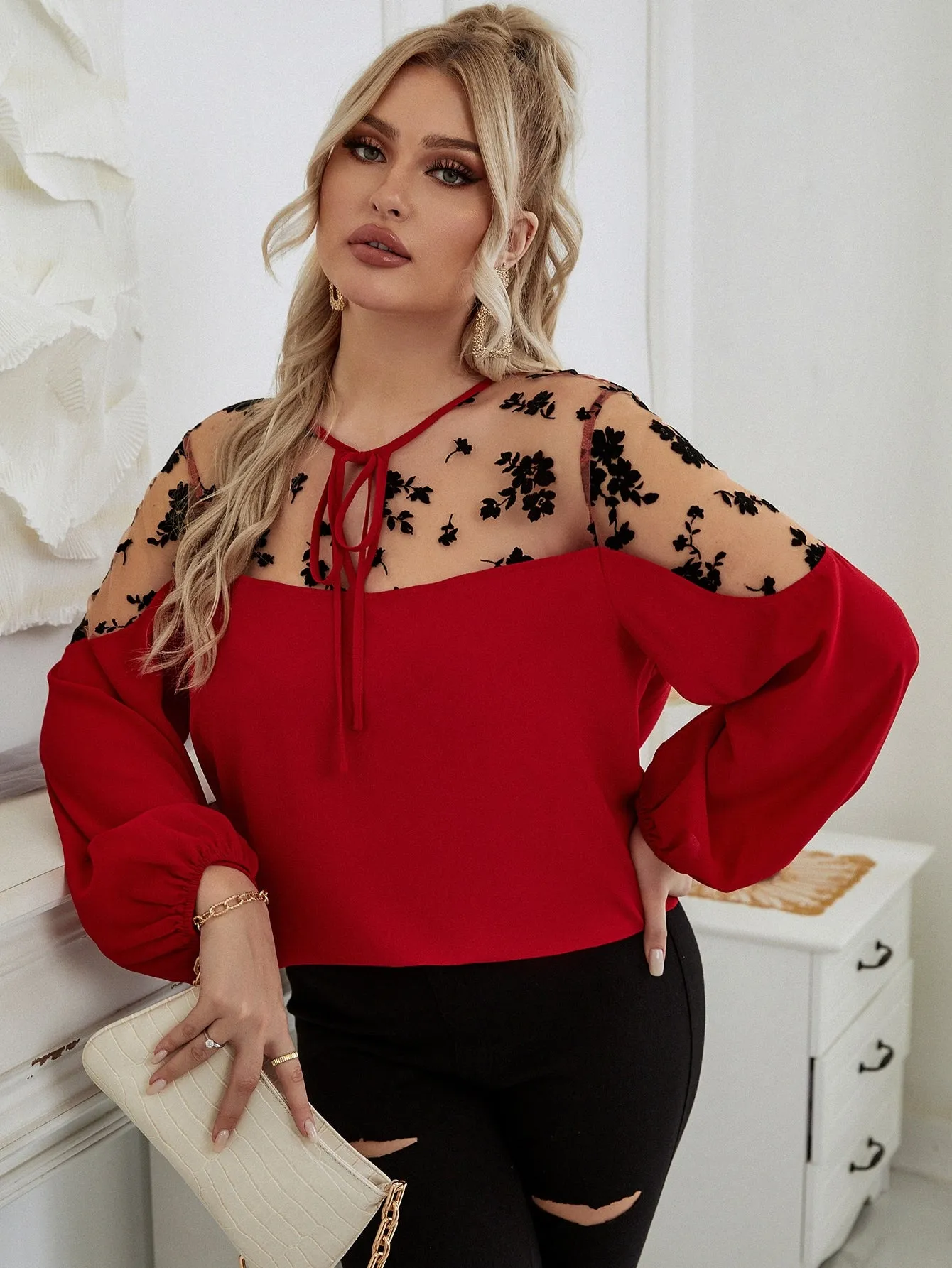 Floral Tie Front Long Sleeve Round Neck Regular Plus Size Blouse