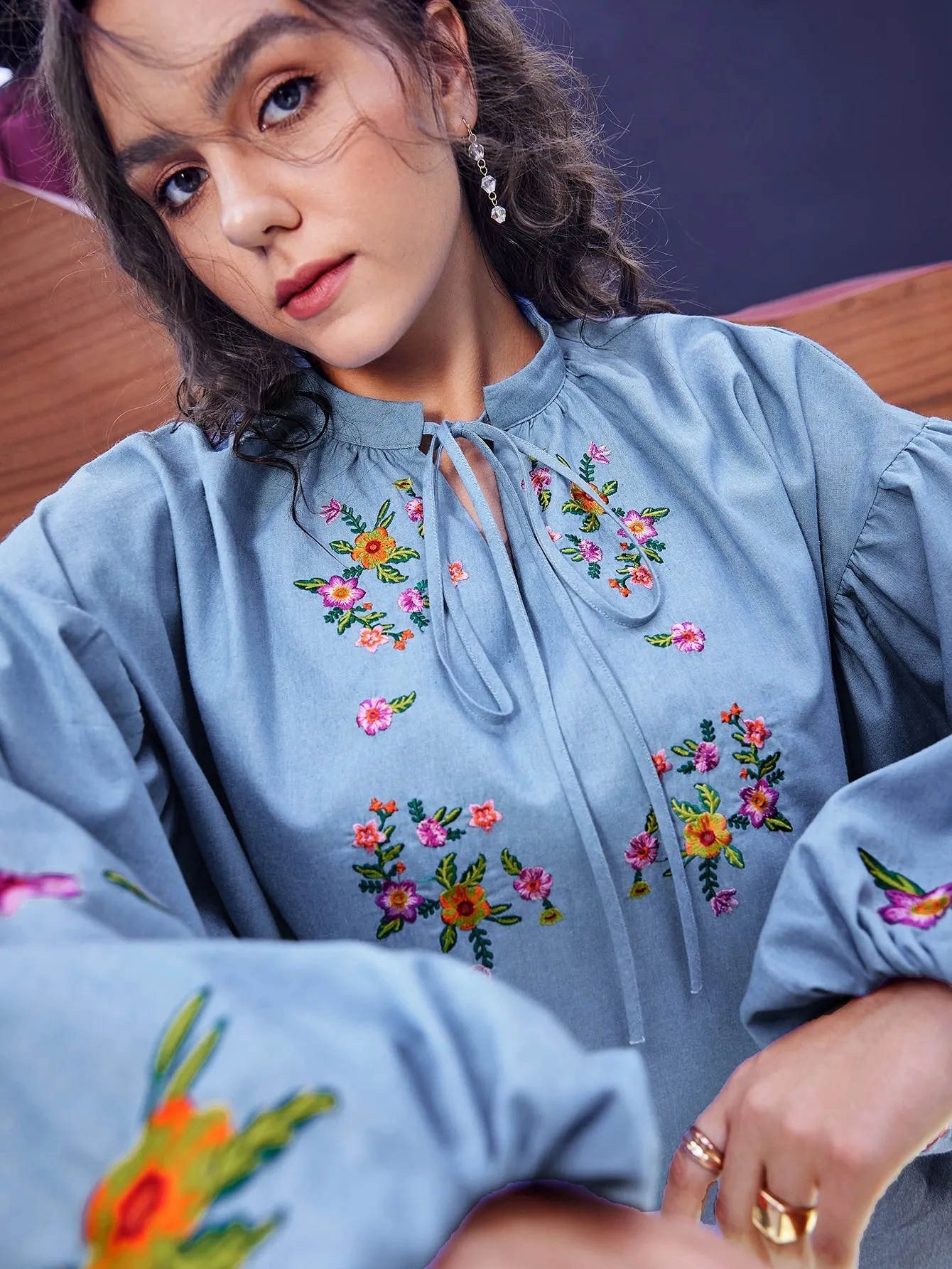 Floral Tie Front Long Sleeve Tie Neck Regular Plus Size Blouse