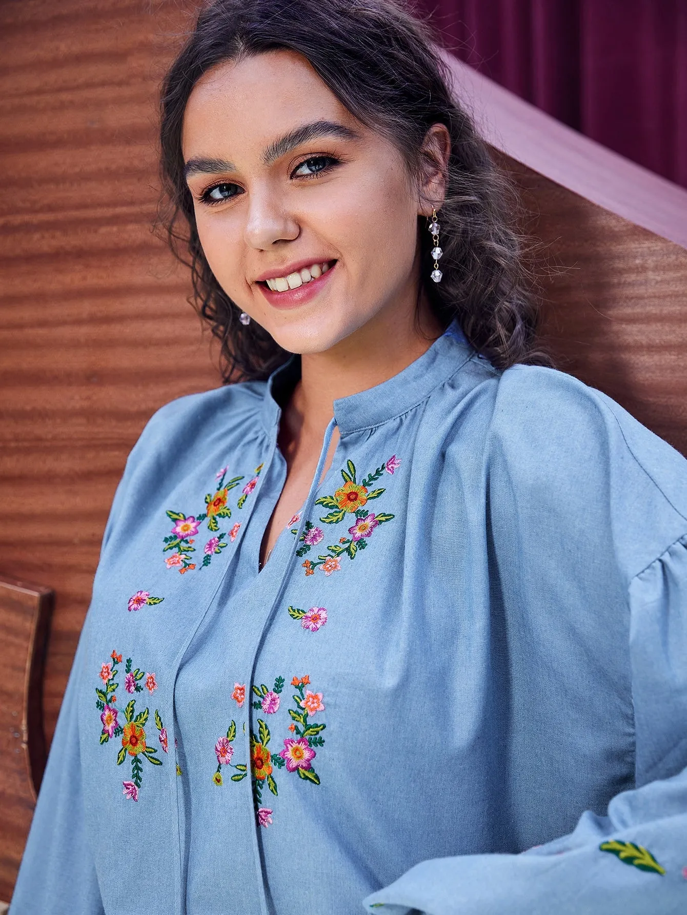 Floral Tie Front Long Sleeve Tie Neck Regular Plus Size Blouse