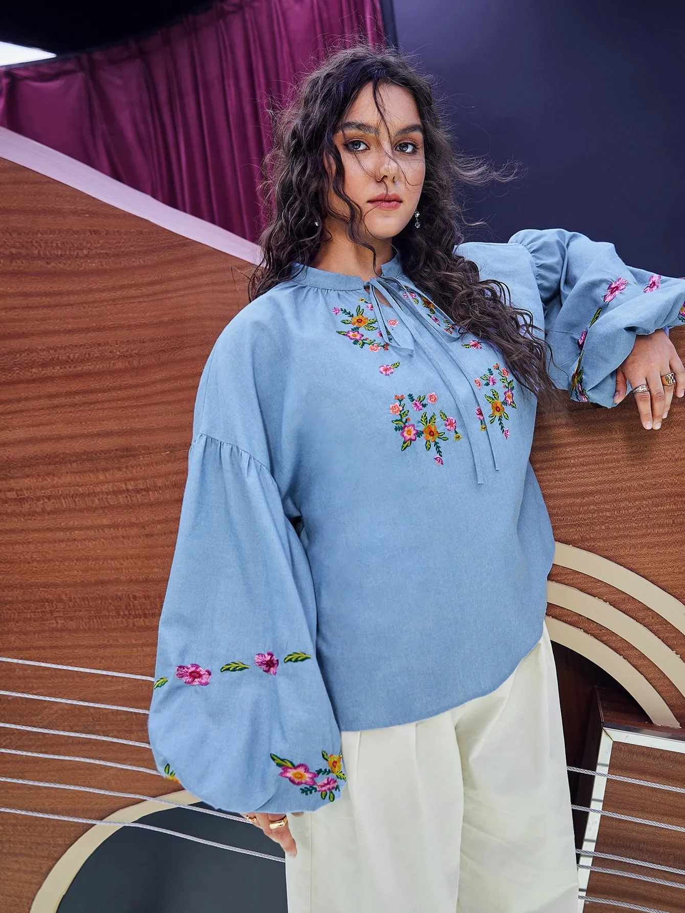 Floral Tie Front Long Sleeve Tie Neck Regular Plus Size Blouse