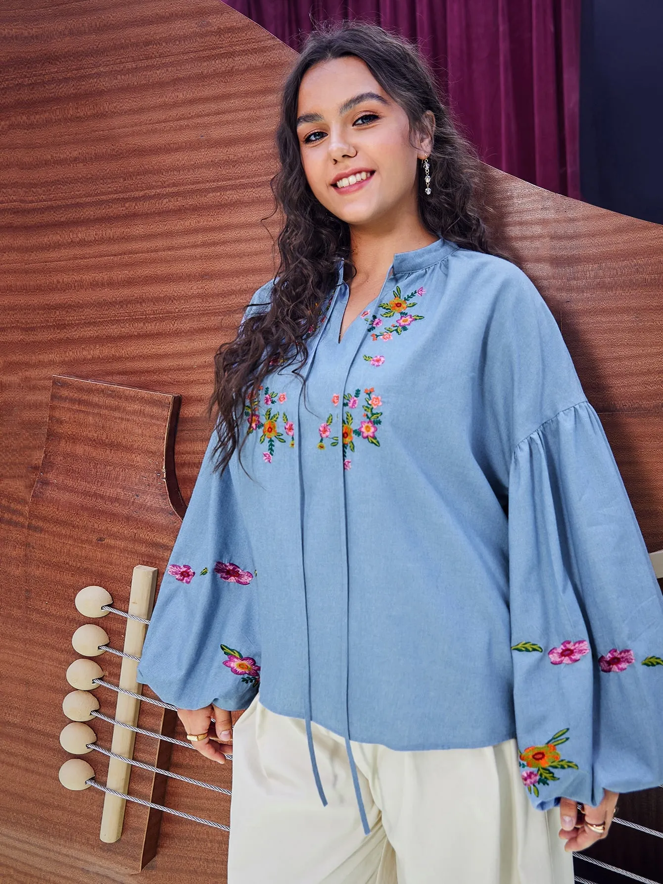 Floral Tie Front Long Sleeve Tie Neck Regular Plus Size Blouse