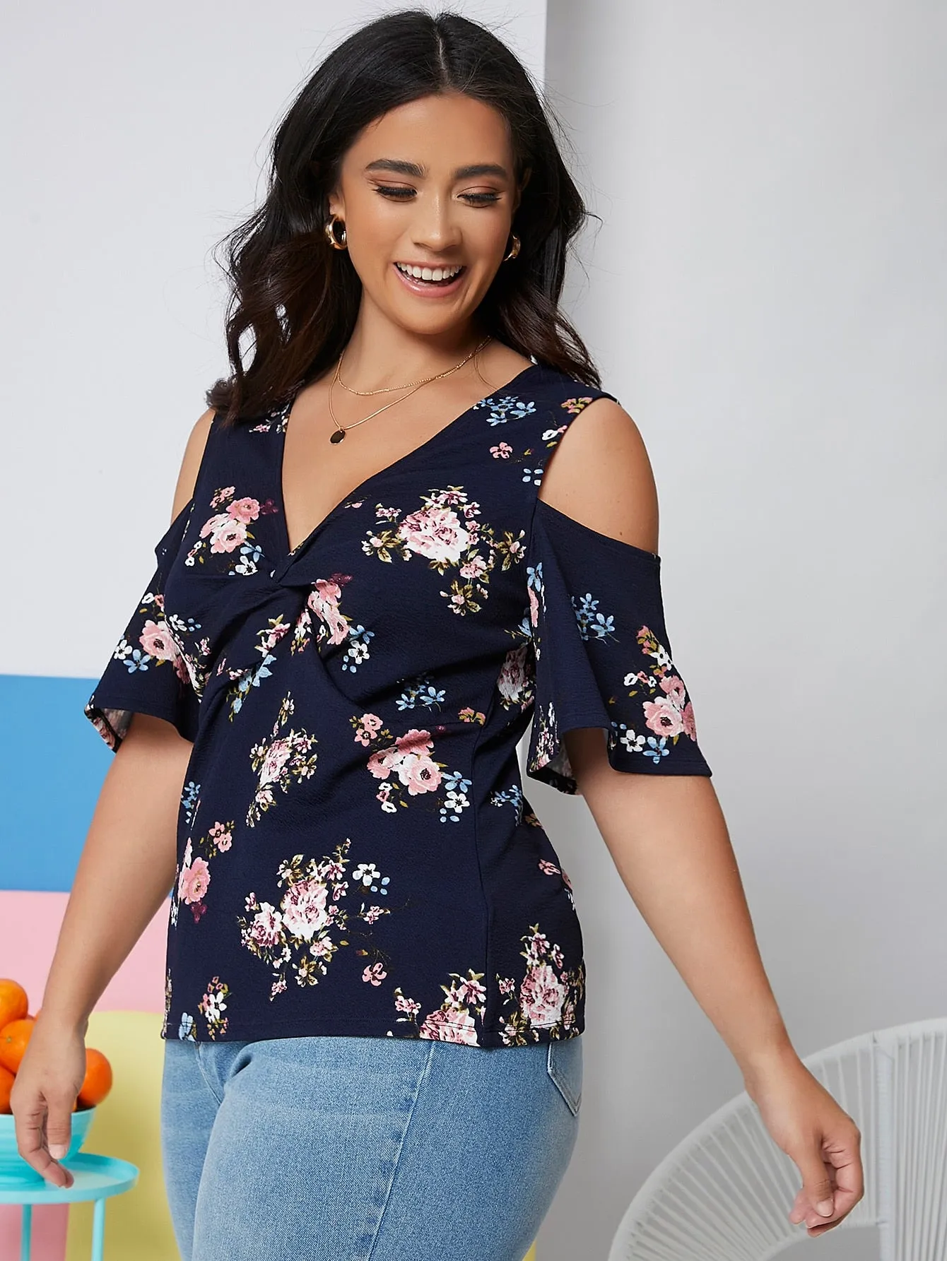 Floral Twist Half Sleeve V Neck Regular Plus Size Blouse