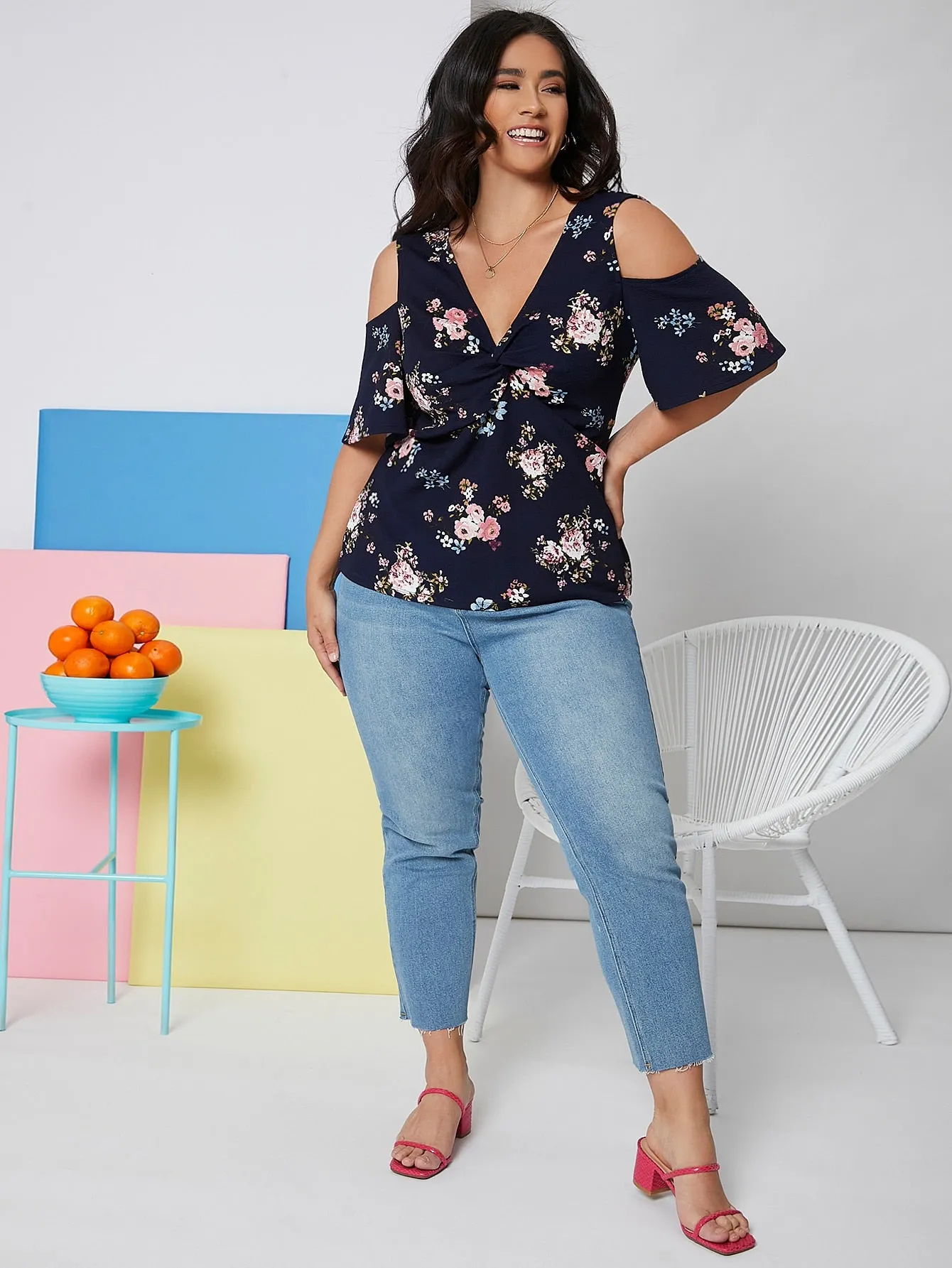 Floral Twist Half Sleeve V Neck Regular Plus Size Blouse