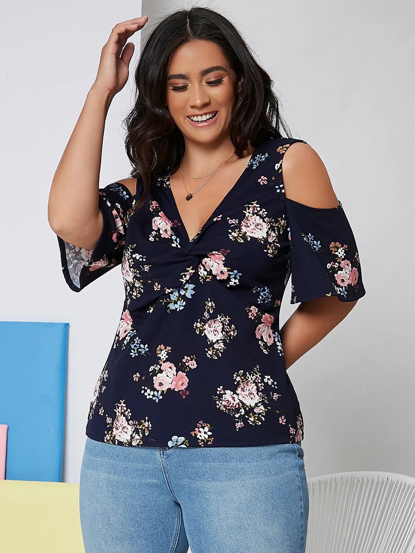 Floral Twist Half Sleeve V Neck Regular Plus Size Blouse