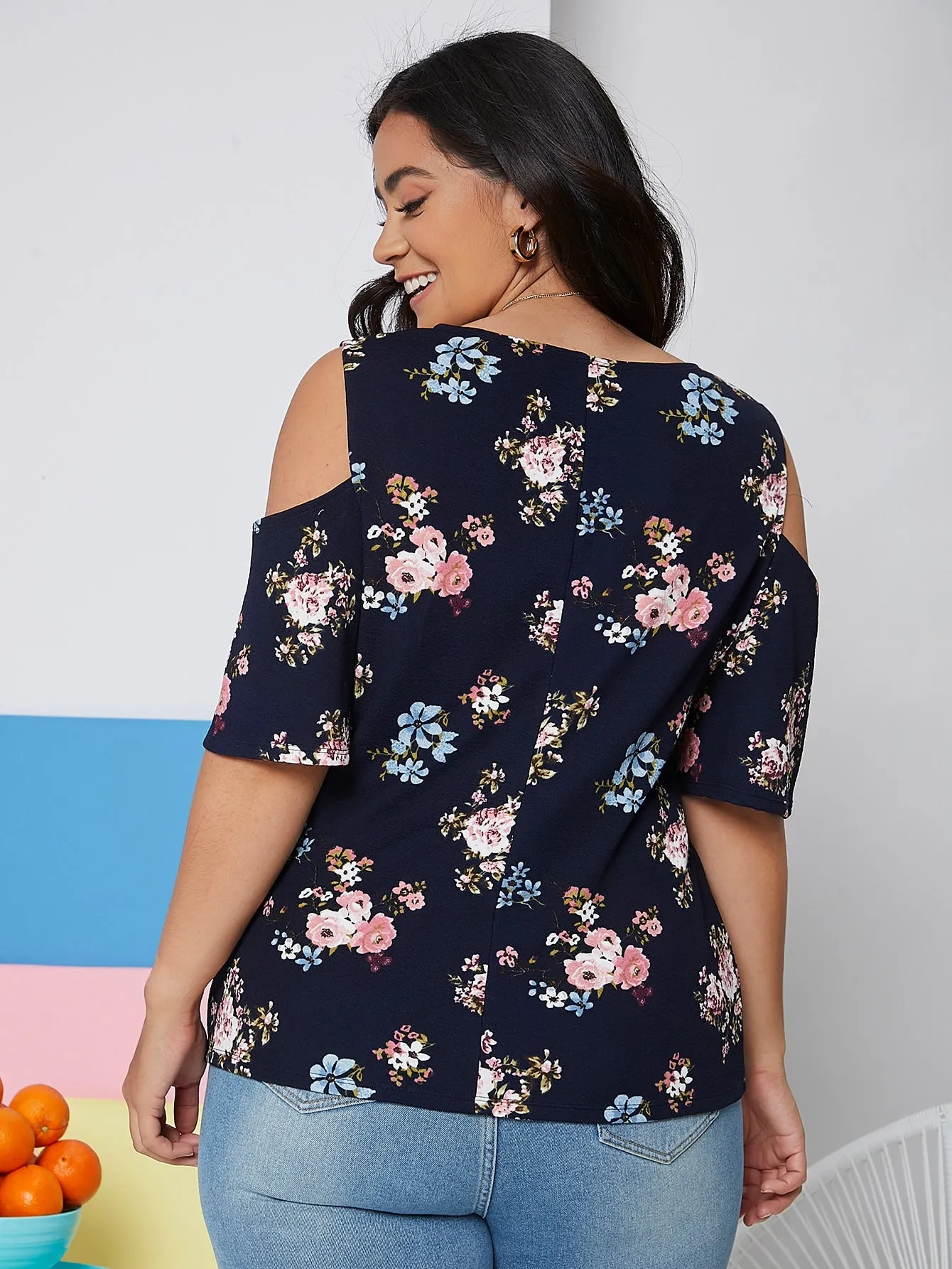 Floral Twist Half Sleeve V Neck Regular Plus Size Blouse