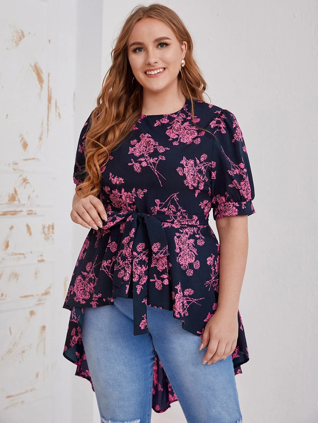 Floral Zipper Half Sleeve Round Neck Asymmetrical Long Plus Size Blouse