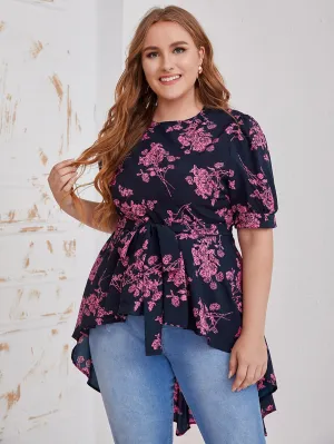 Floral Zipper Half Sleeve Round Neck Asymmetrical Long Plus Size Blouse