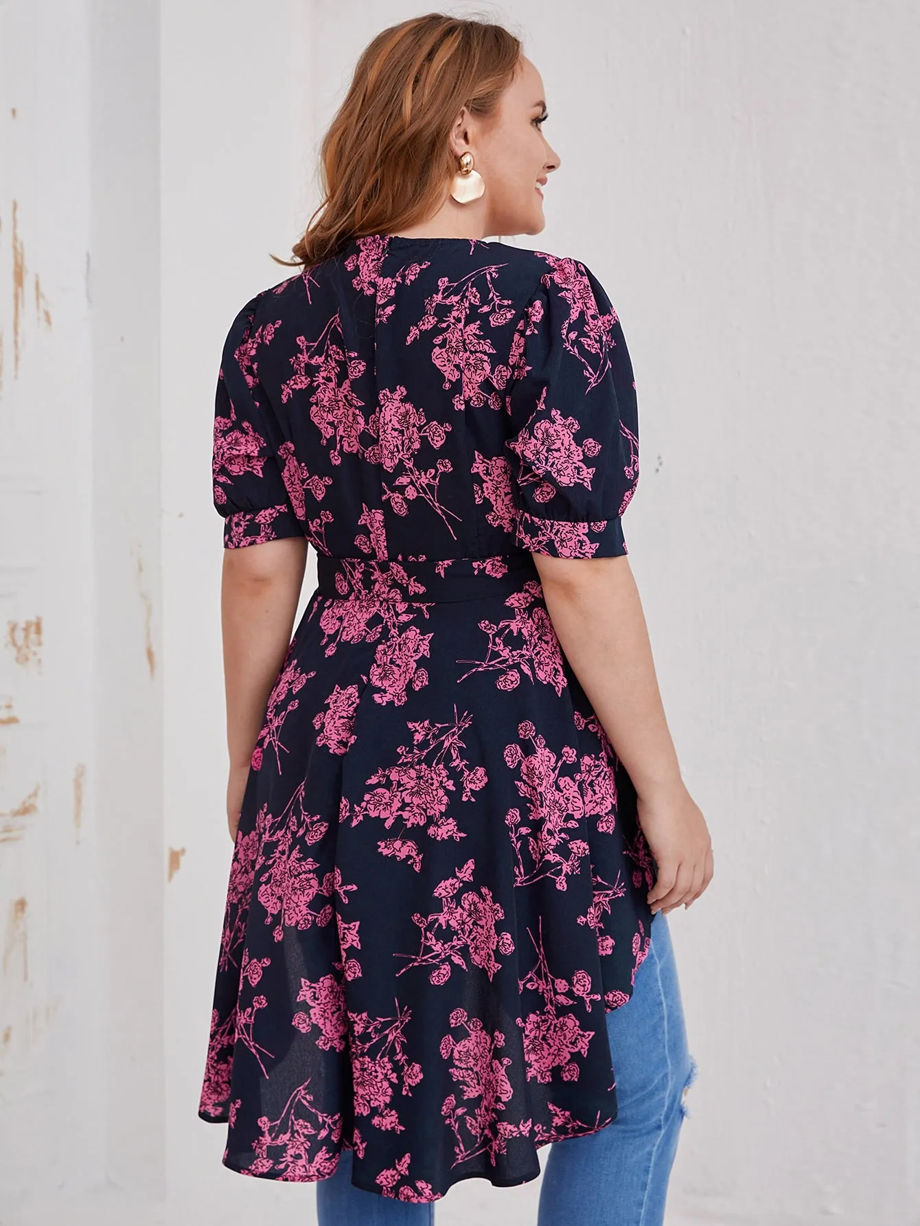 Floral Zipper Half Sleeve Round Neck Asymmetrical Long Plus Size Blouse