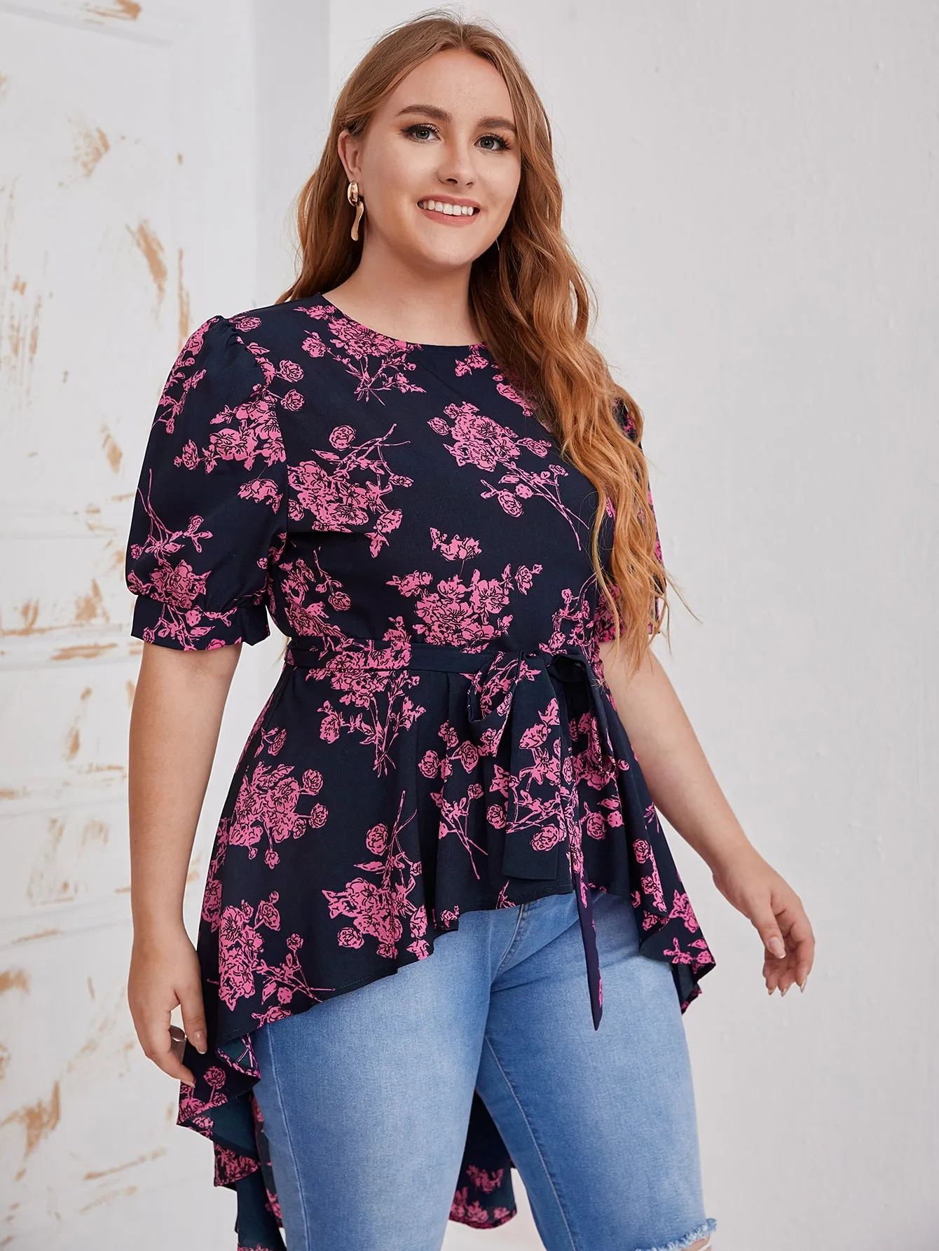 Floral Zipper Half Sleeve Round Neck Asymmetrical Long Plus Size Blouse