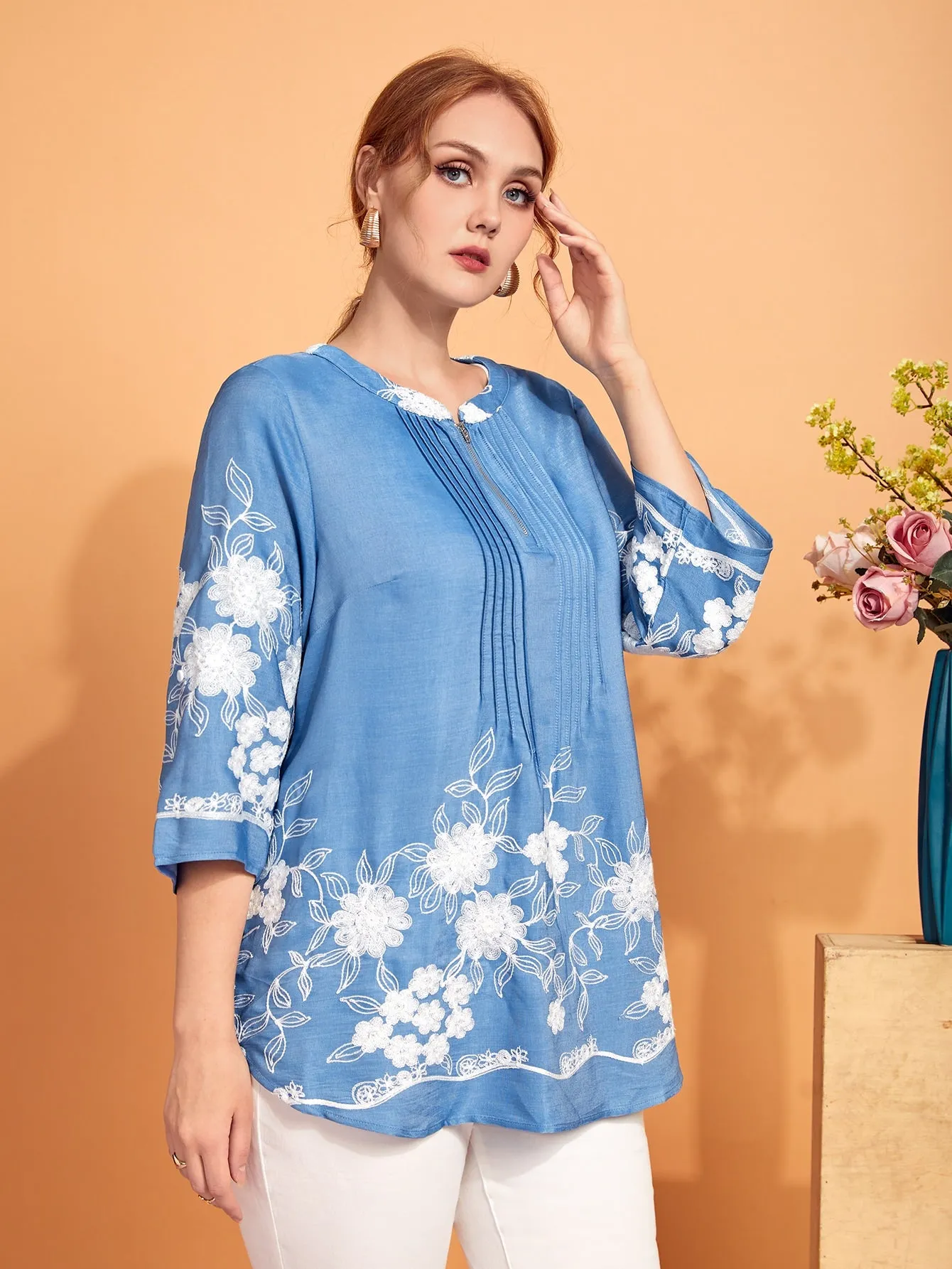 Floral Zipper Three Quarter Length Sleeve Round Neck Long Plus Size Blouse