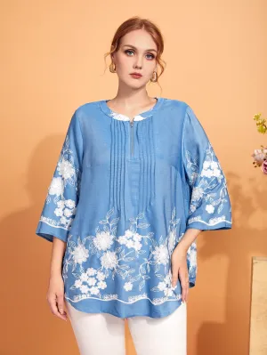 Floral Zipper Three Quarter Length Sleeve Round Neck Long Plus Size Blouse