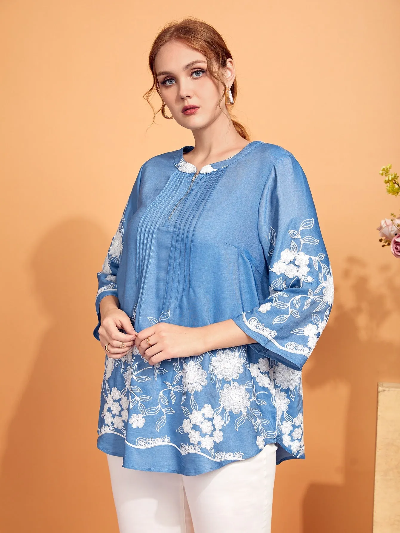 Floral Zipper Three Quarter Length Sleeve Round Neck Long Plus Size Blouse
