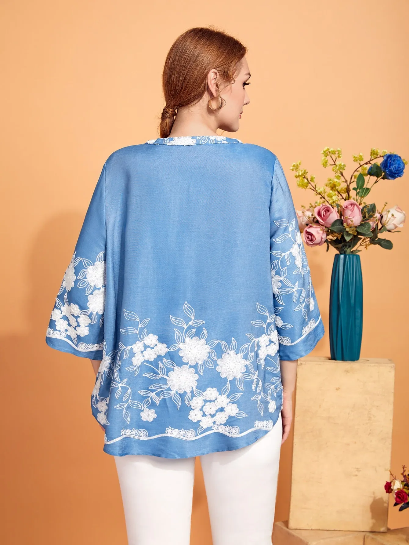 Floral Zipper Three Quarter Length Sleeve Round Neck Long Plus Size Blouse