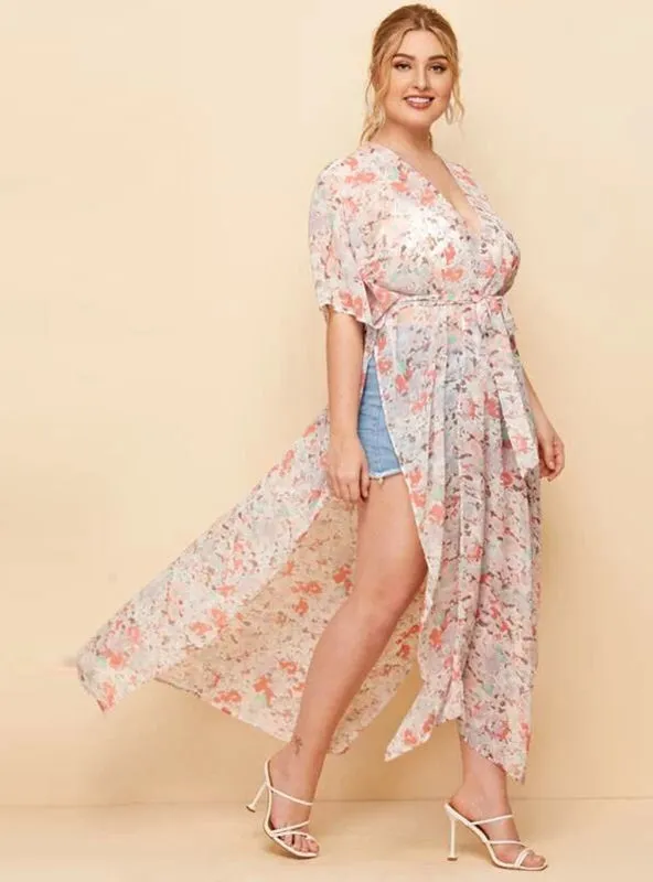 Flower Short Sleeve Chiffon Loose Long Split Coat
