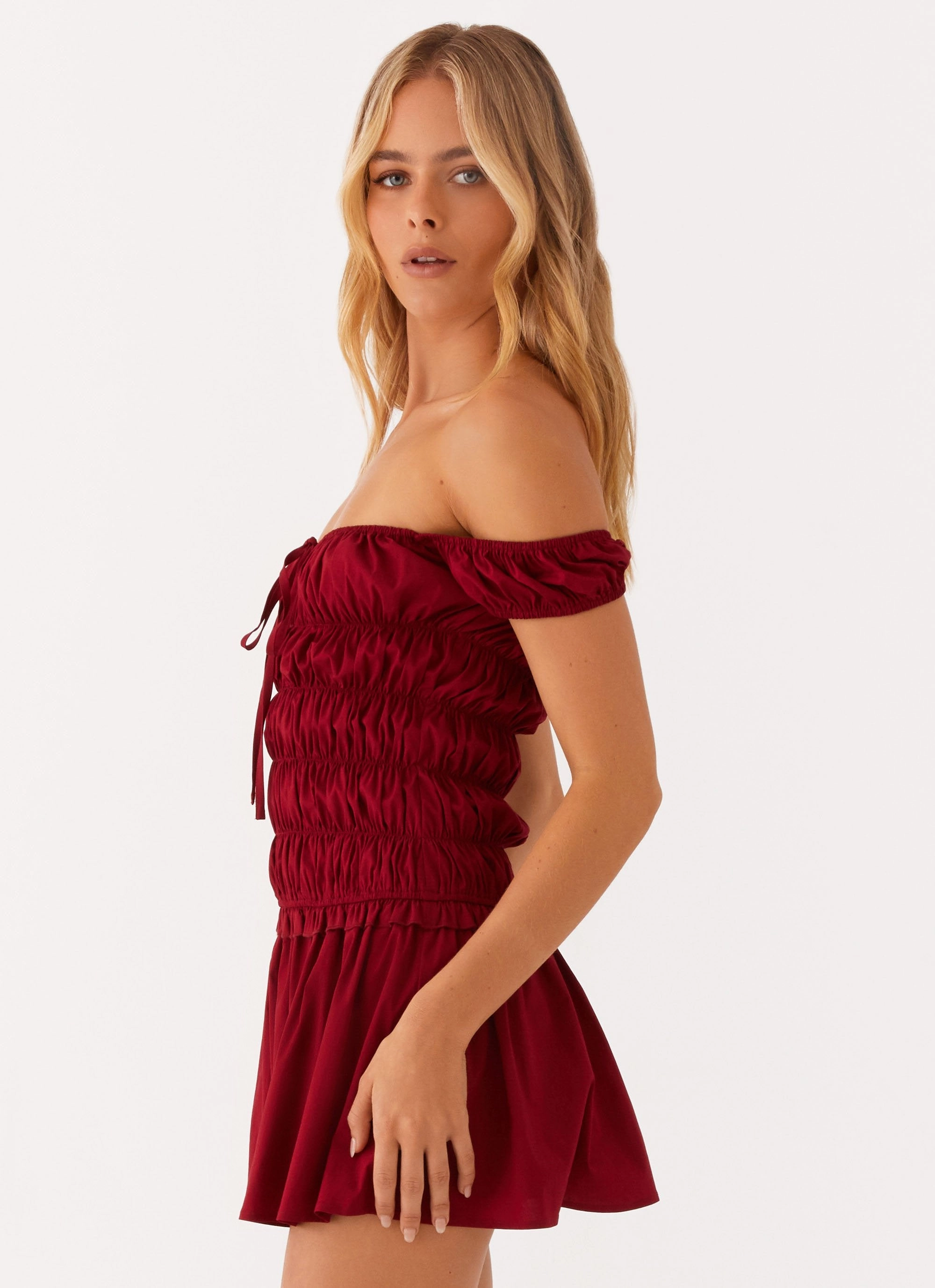 Long Lines relaxed elegance Countryside Off Shoulder Mini Dress - Deep Red