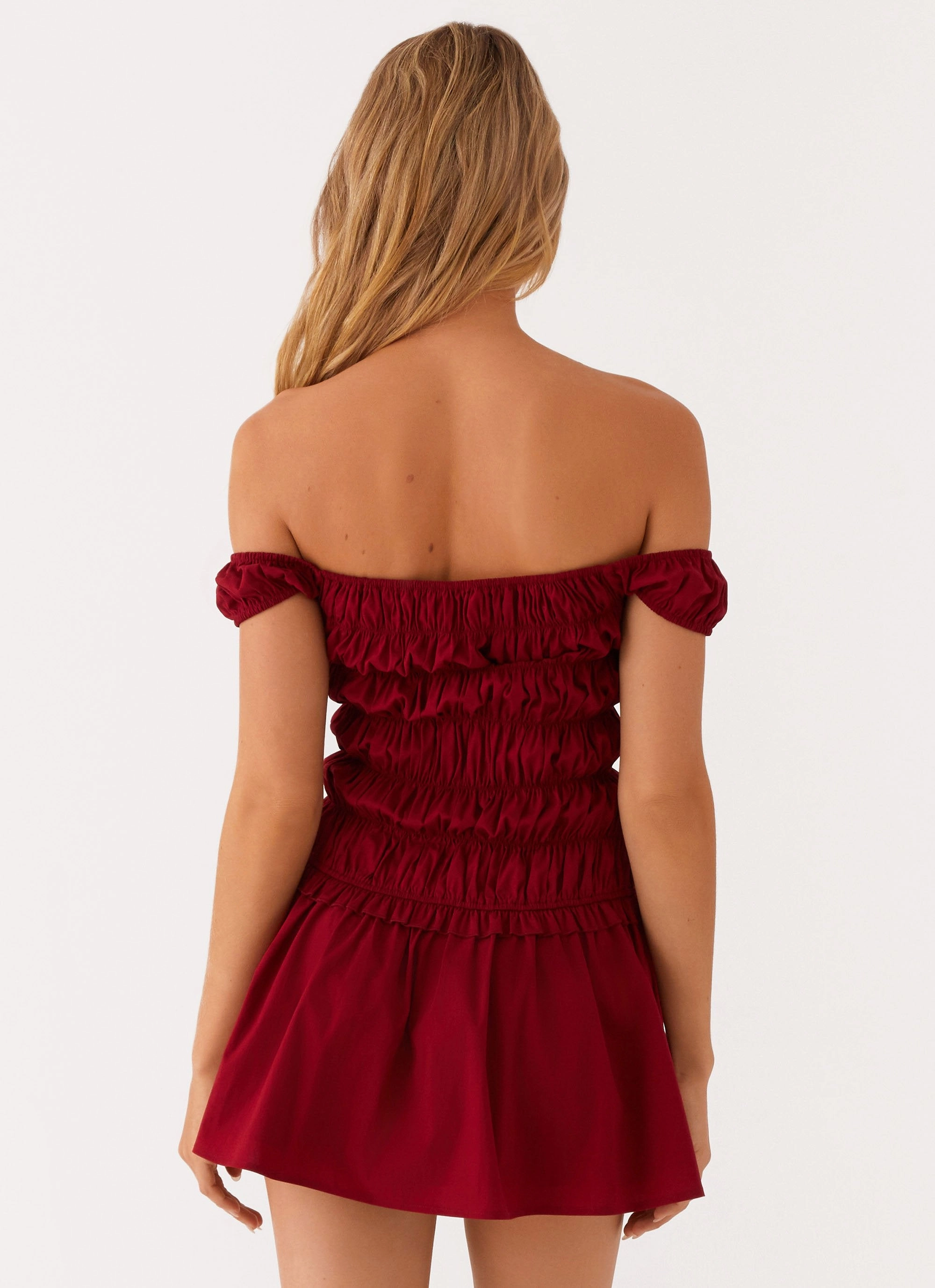 Countryside Off Shoulder Mini Dress - Deep Red Trendy Design Light Weave