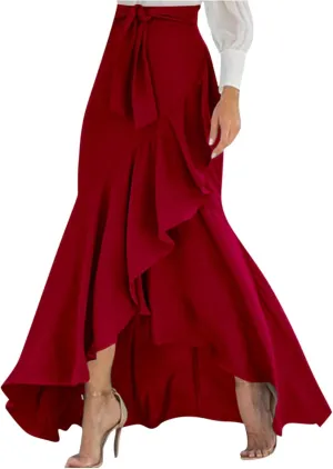 Flowy High Waisted Skirts for Women Trendy Summer Asymmetrical Ruffled Regular and Plus Size Maxi Skirt with Slit