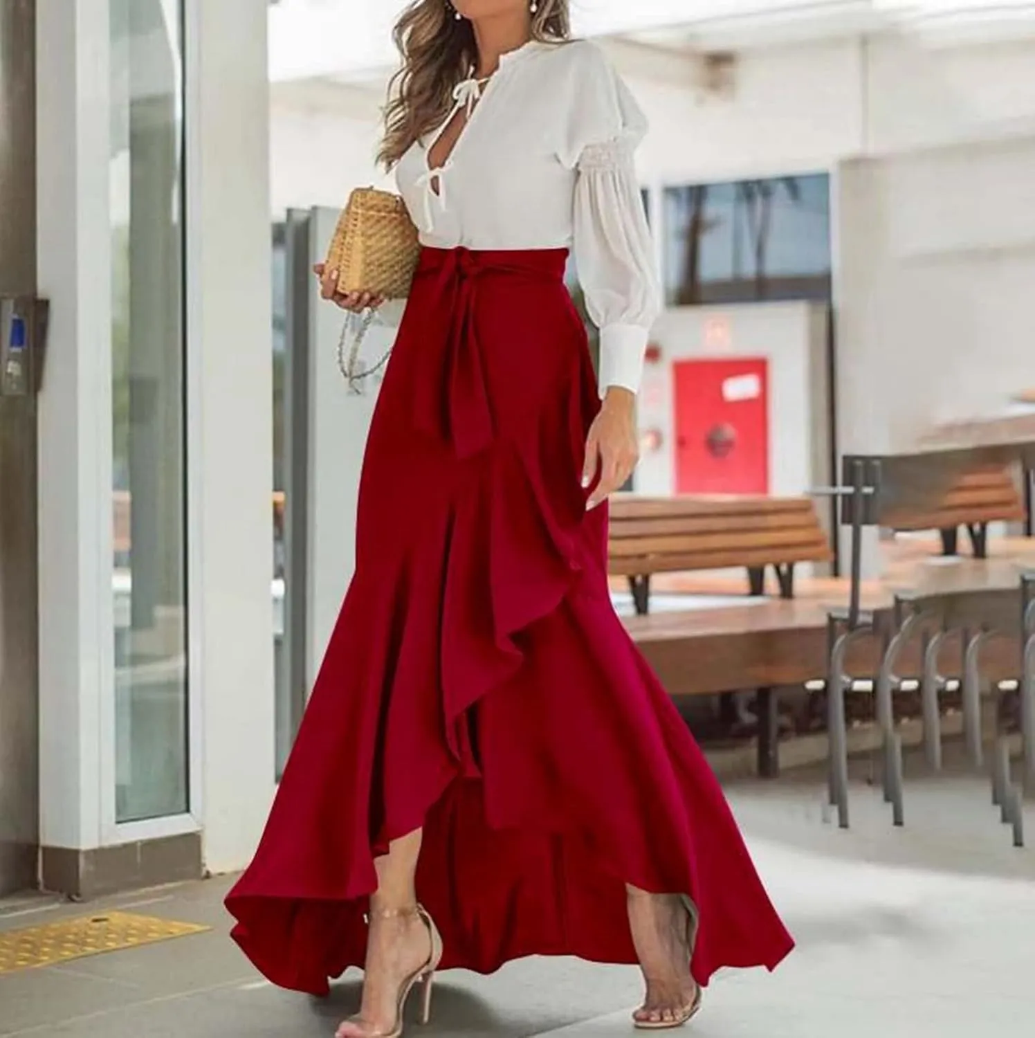 Flowy High Waisted Skirts for Women Trendy Summer Asymmetrical Ruffled Regular and Plus Size Maxi Skirt with Slit