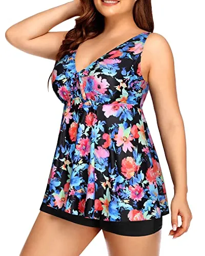 Flyaway Bathing Suits For Women V Neckline Plus Size Tankini Set-Pink Flower Blue