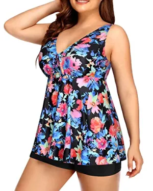 Flyaway Bathing Suits For Women V Neckline Plus Size Tankini Set-Pink Flower Blue