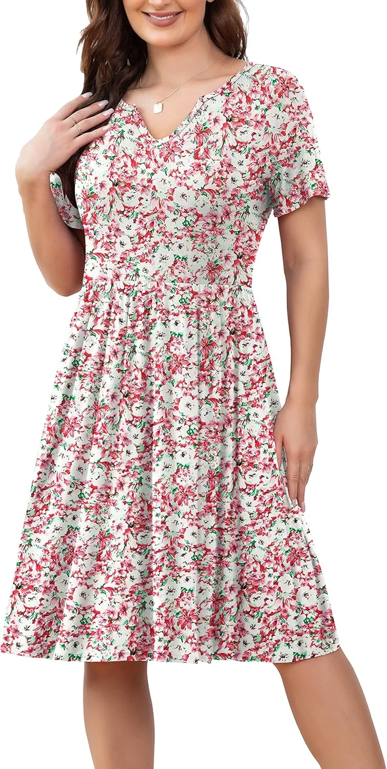 FOLUNSI Women's Plus Size Short Sleeve Pleated Casual Shirt Dress with Pockets