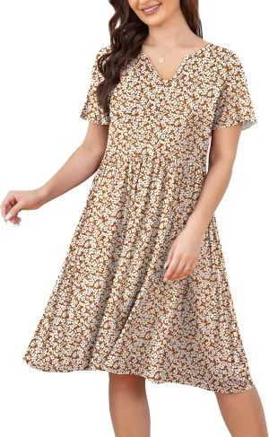 FOLUNSI Women's Plus Size Short Sleeve Pleated Casual Shirt Dress with Pockets