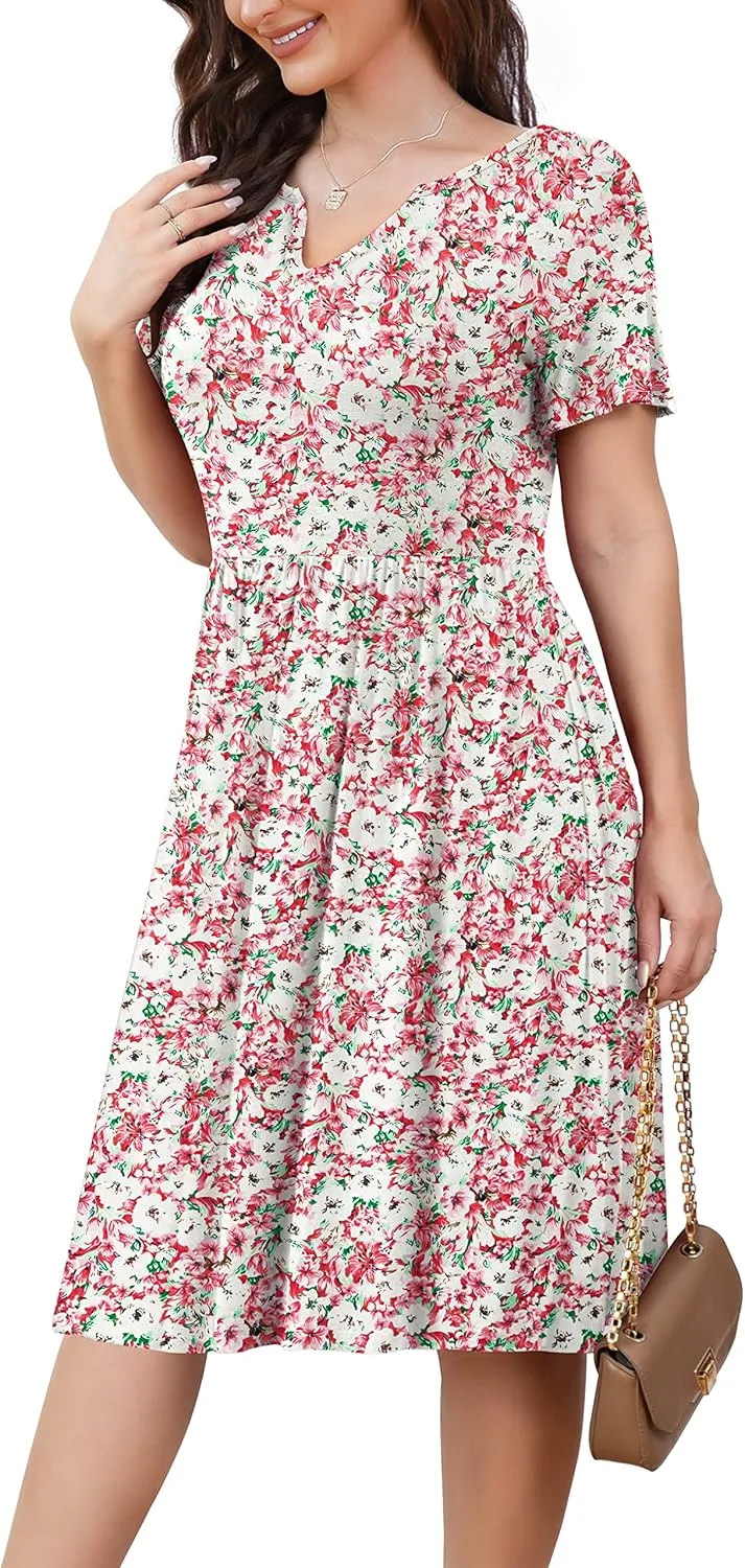 FOLUNSI Women's Plus Size Short Sleeve Pleated Casual Shirt Dress with Pockets