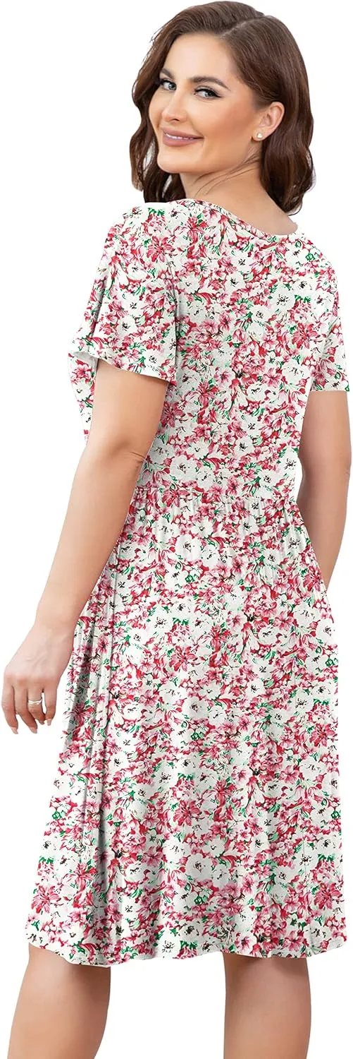 FOLUNSI Women's Plus Size Short Sleeve Pleated Casual Shirt Dress with Pockets