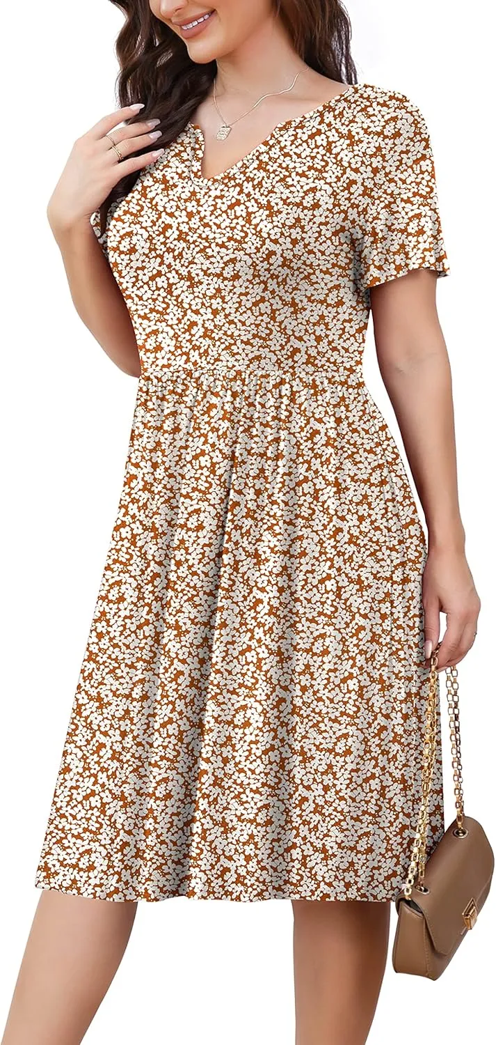FOLUNSI Women's Plus Size Short Sleeve Pleated Casual Shirt Dress with Pockets