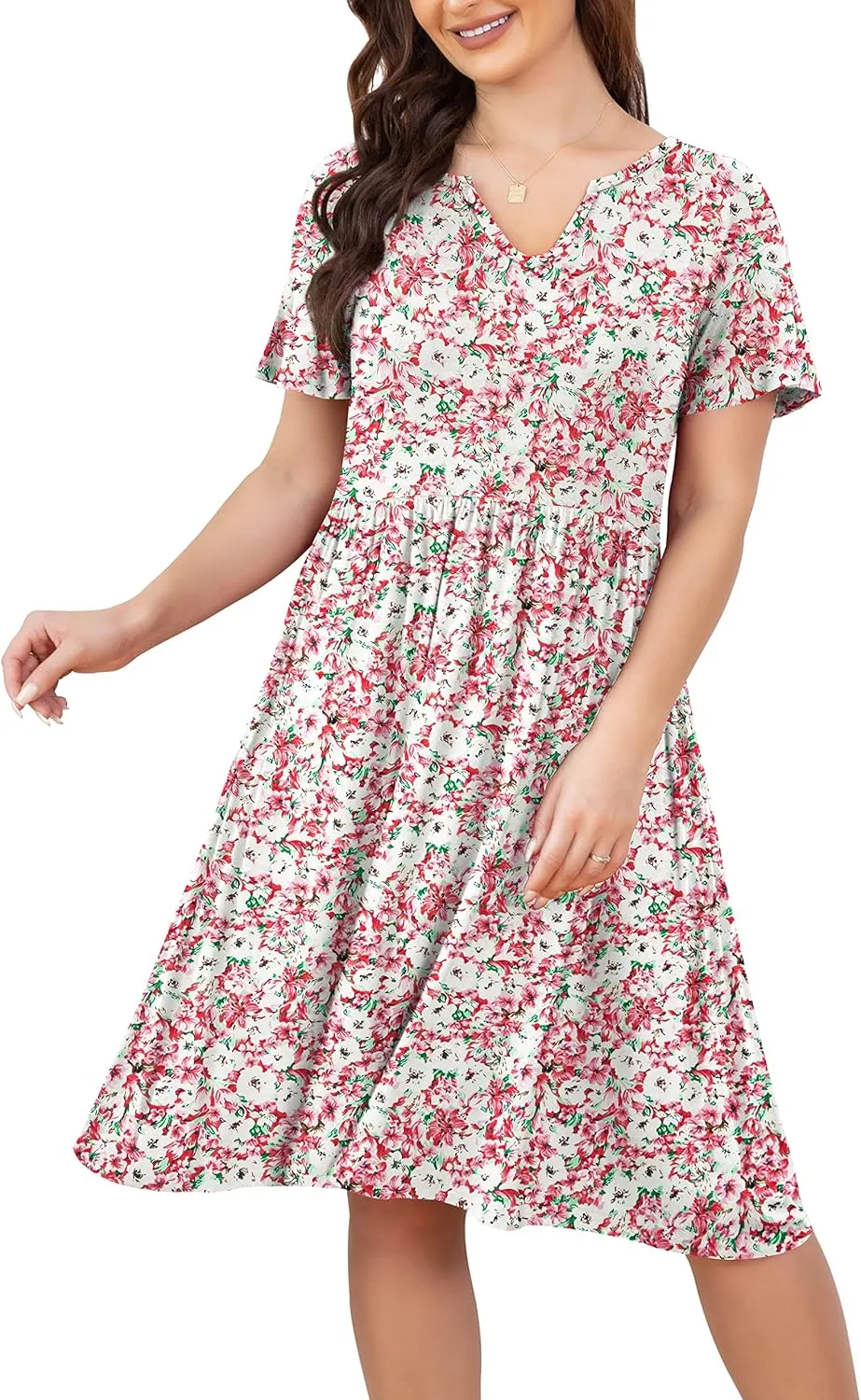FOLUNSI Women's Plus Size Short Sleeve Pleated Casual Shirt Dress with Pockets