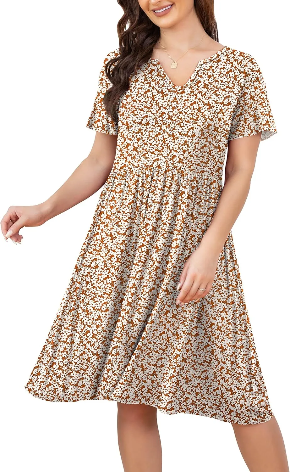 FOLUNSI Women's Plus Size Short Sleeve Pleated Casual Shirt Dress with Pockets