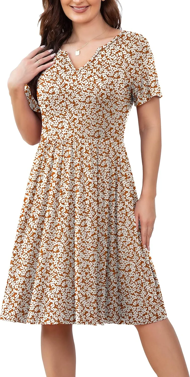 FOLUNSI Women's Plus Size Short Sleeve Pleated Casual Shirt Dress with Pockets