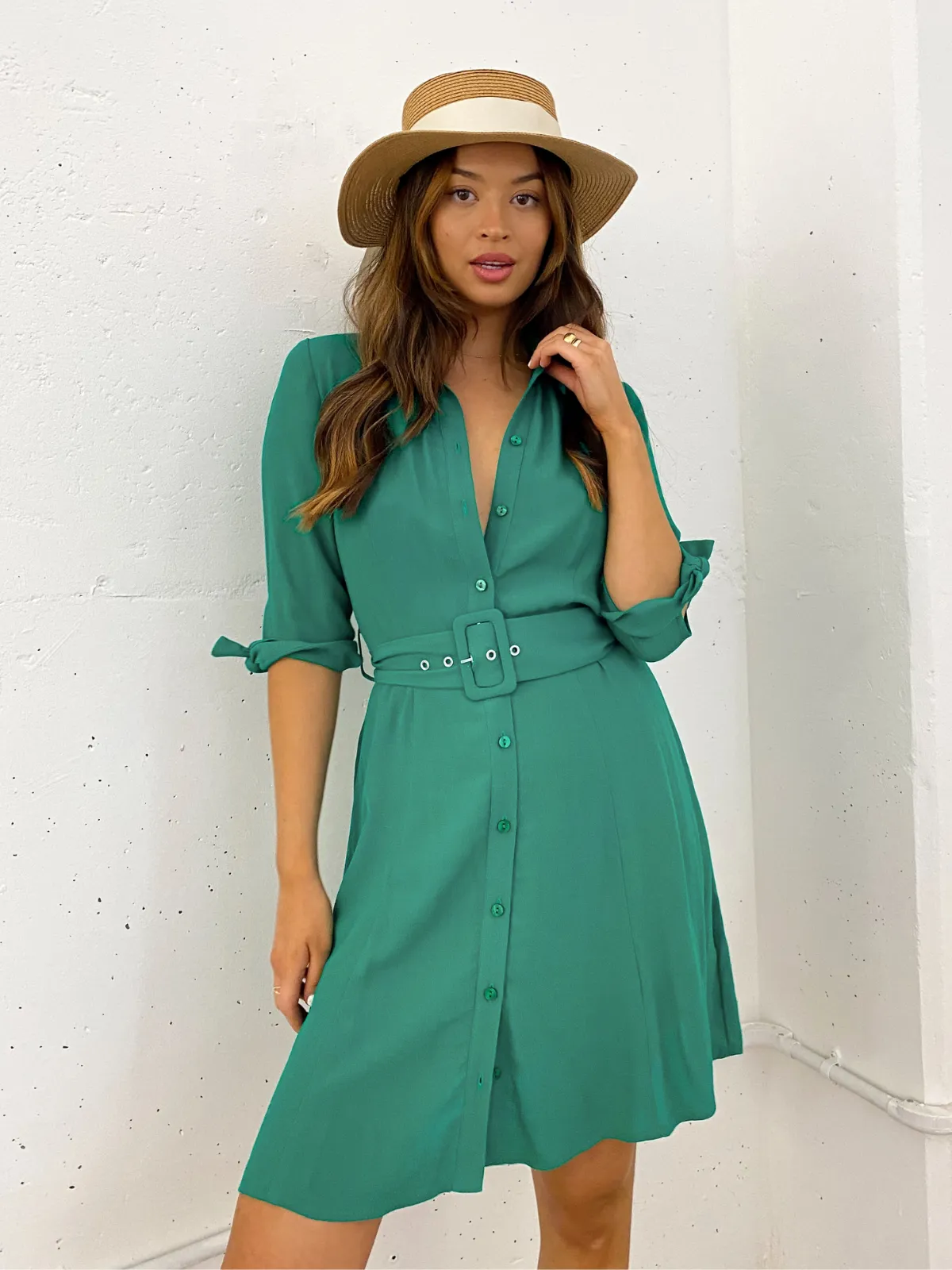 Olivia Mini Belted Shirt Dress / Green Relaxed Waistband Subtle Drape