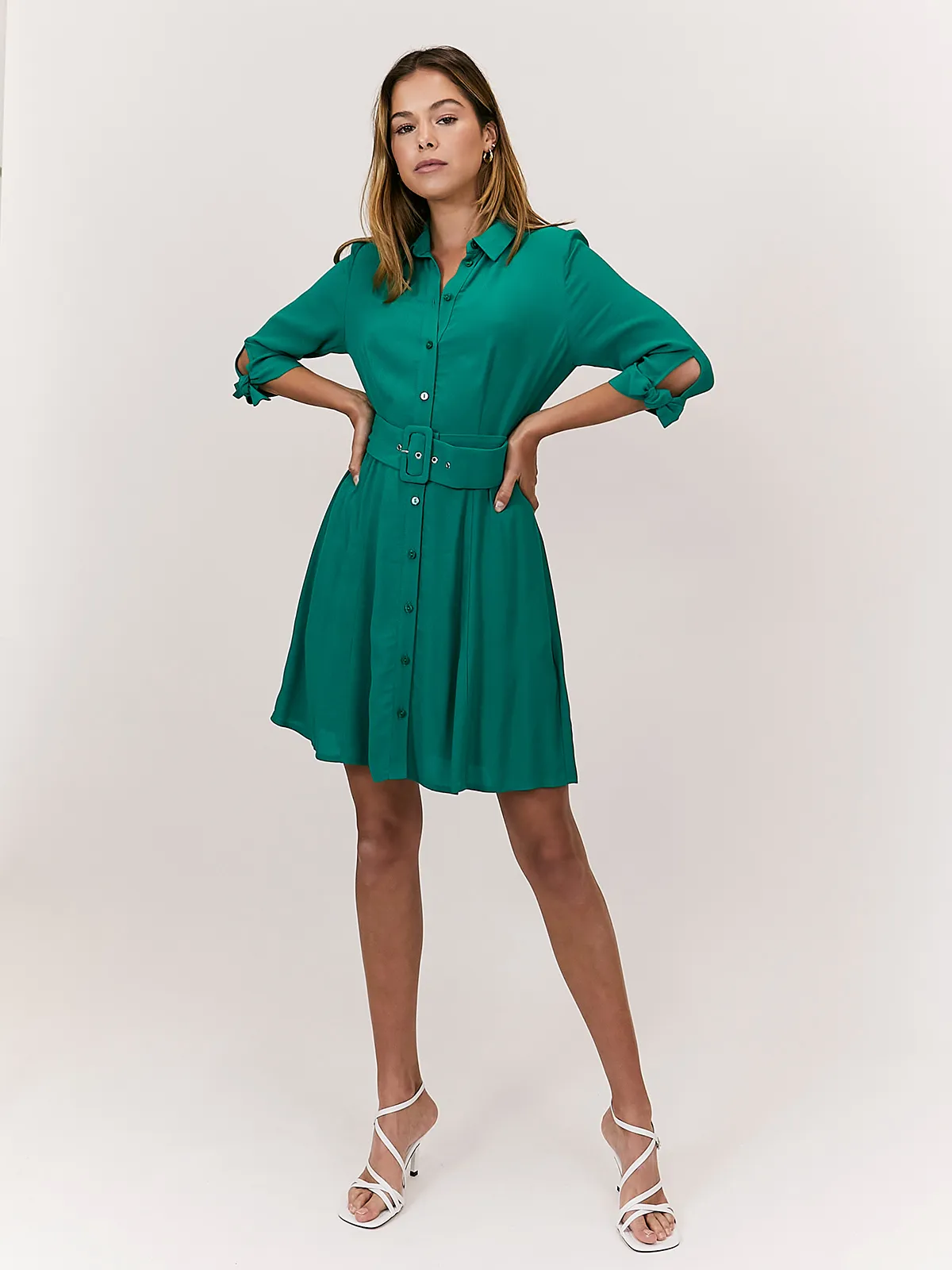 Olivia Mini Belted Shirt Dress / Green Soft and Light All-season