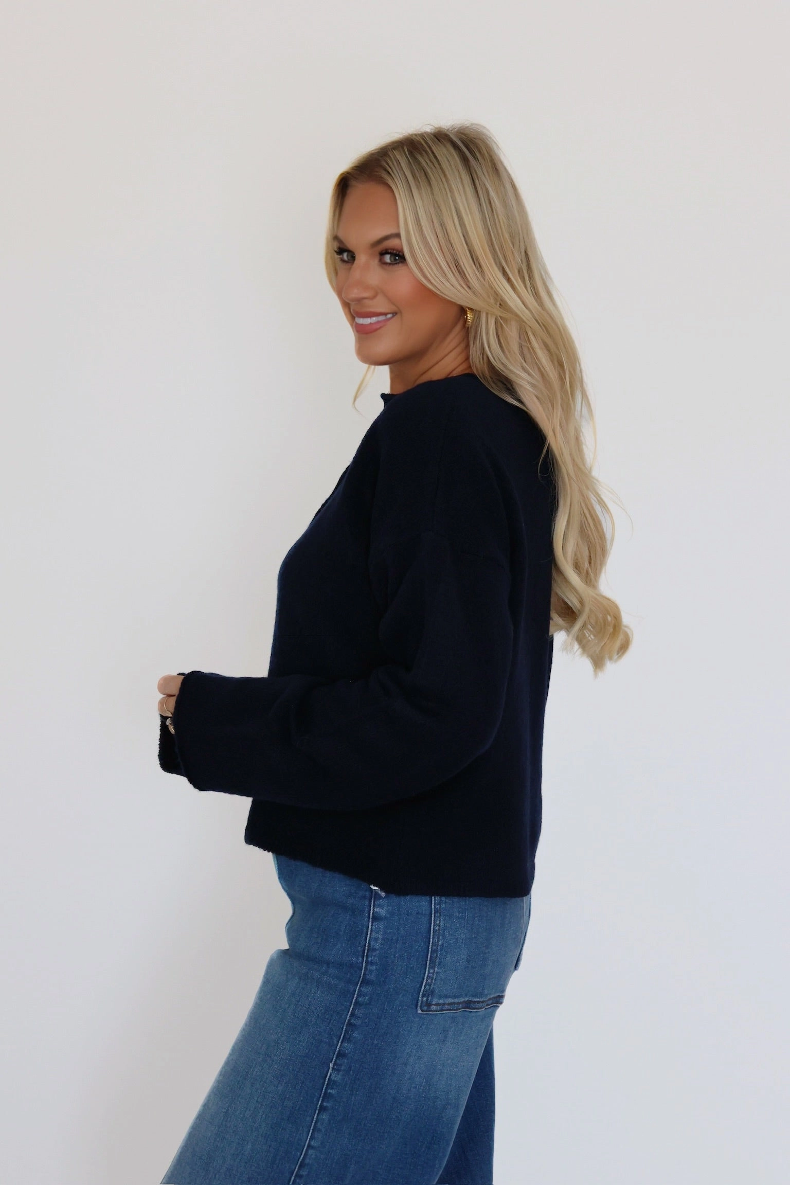 Format Sweater Cardigan- Navy Adjustable Hem Cuff Modern Design