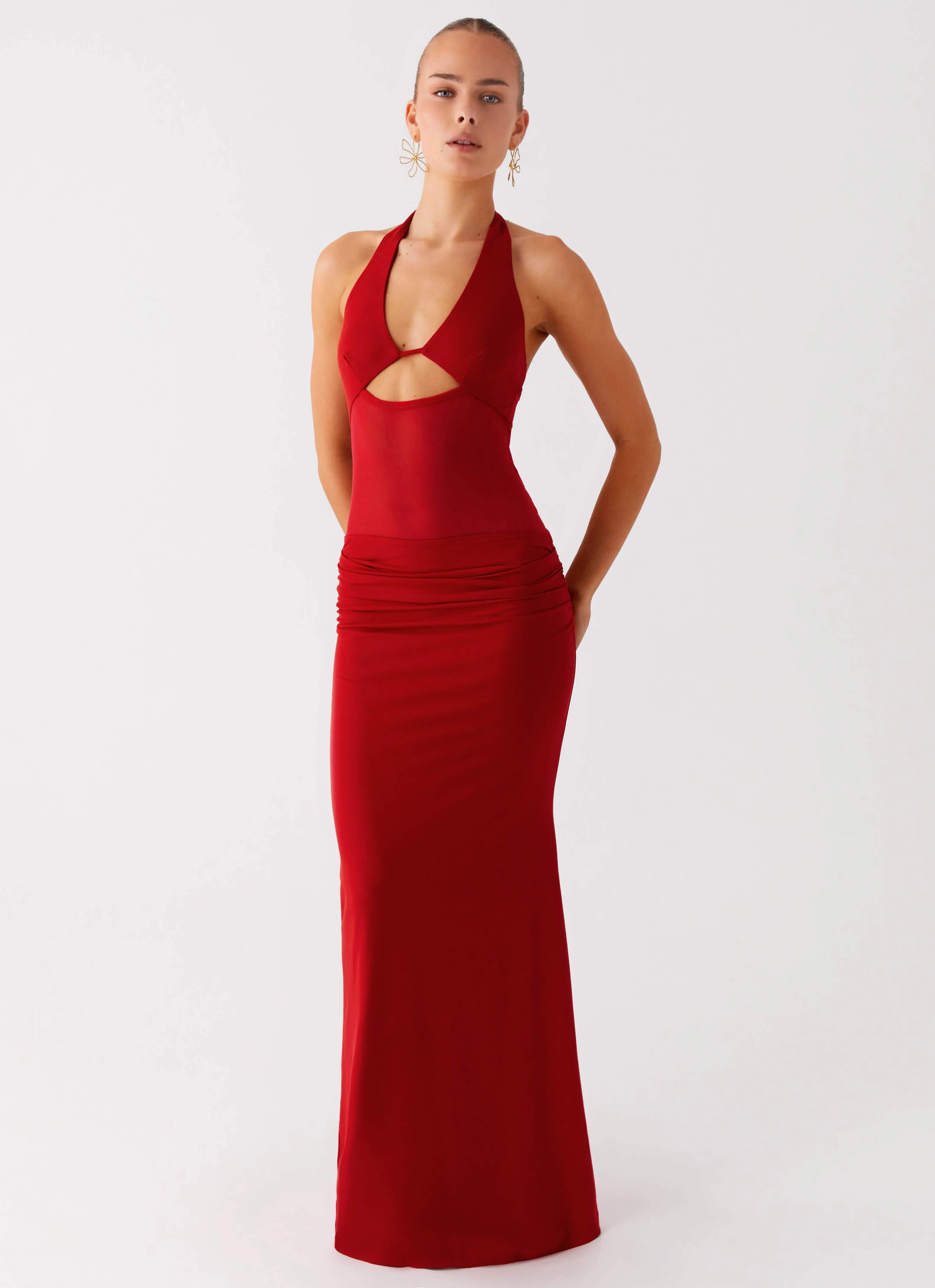 Metallic Finish Abrasion Resistant Edges Billen Halter Maxi Dress - Red