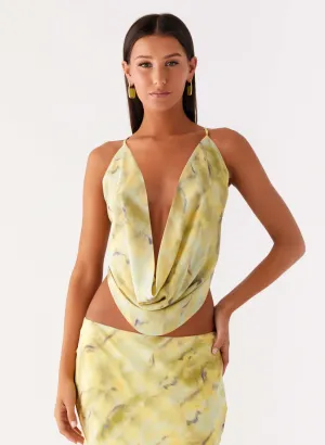 FourWay Stretch Fabric Kylo Cowl Top - Yellow Tie Dye Soft Touch Stylish Look Kylo Cowl Top - Yellow Tie Dye