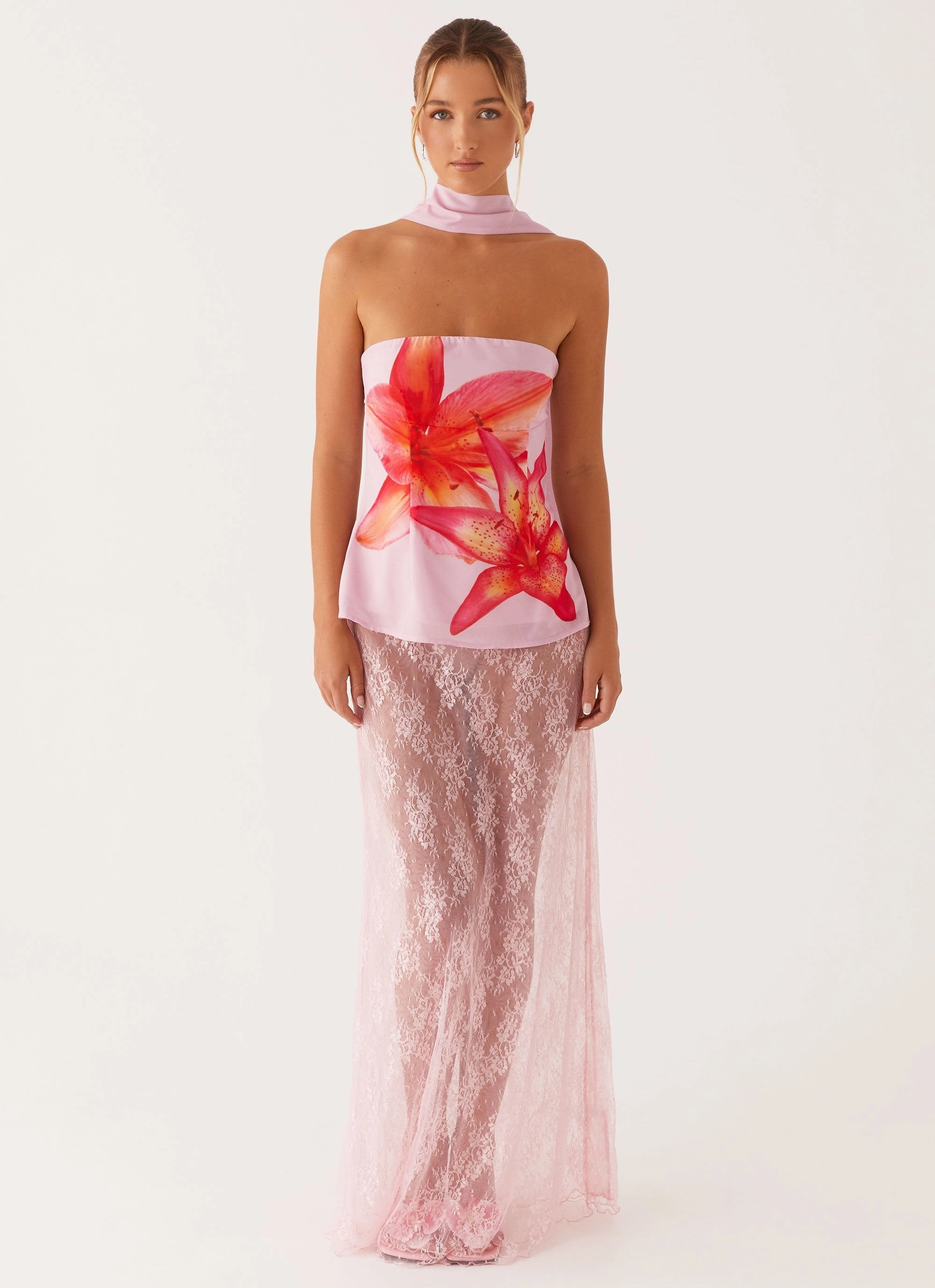 Blaise Scarf Top - Pink Floral Microfiber texture Fashionable Style