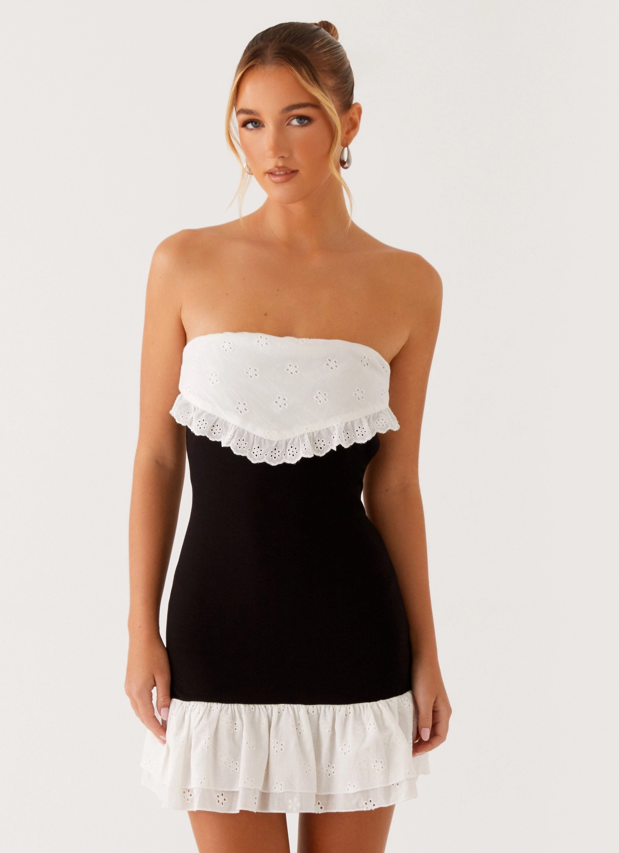 Fran Broderie Mini Dress - Black Satin Grace