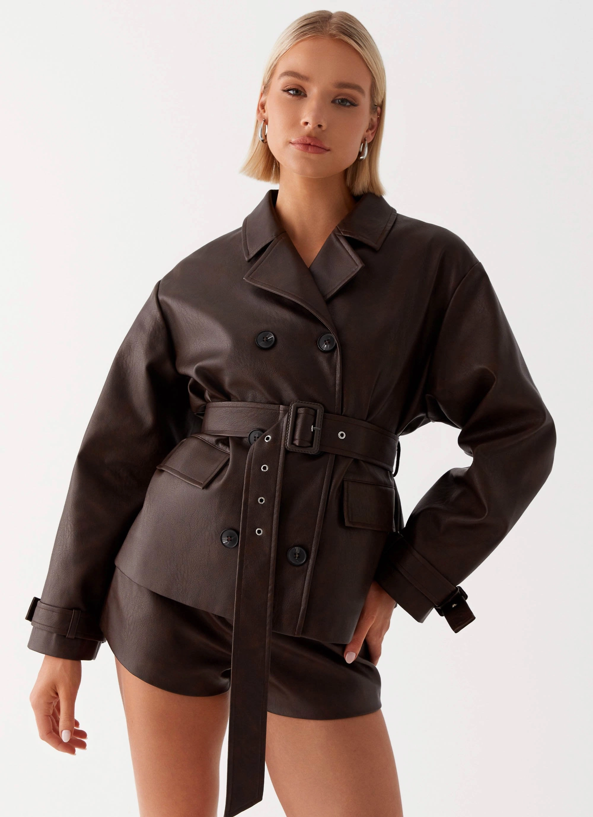 Francisco Cropped Trench Coat - Brown Cotton Twill Comfort Focused Design