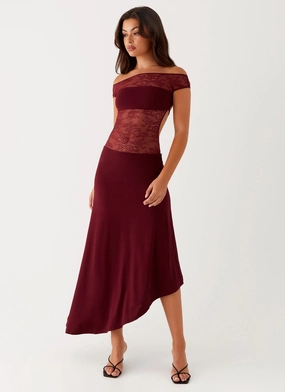 Francoise Lace Midi Dress - Burgundy Mix - and - Match Silky Surface Francoise Lace Midi Dress - Burgundy
