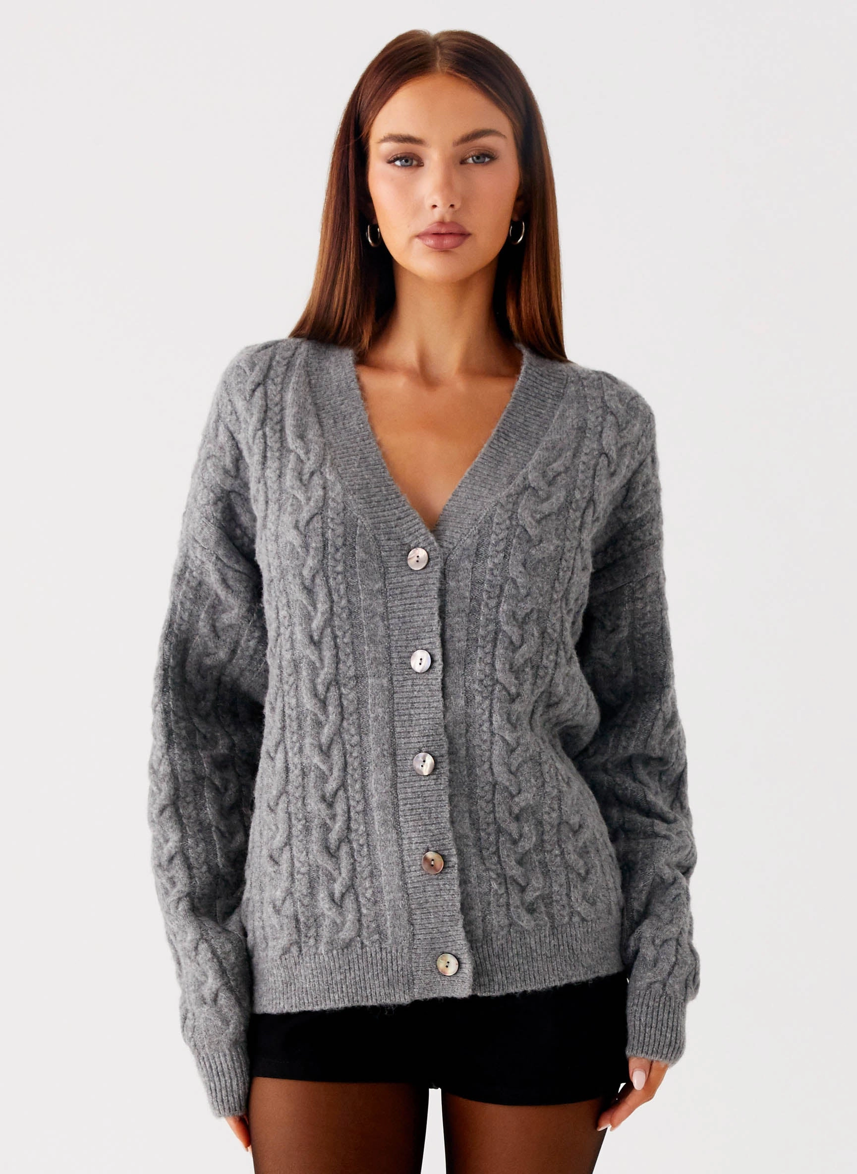 SeamlessKnitConstruction AdjustableHem Frawley Cable Knit Cardigan - Grey