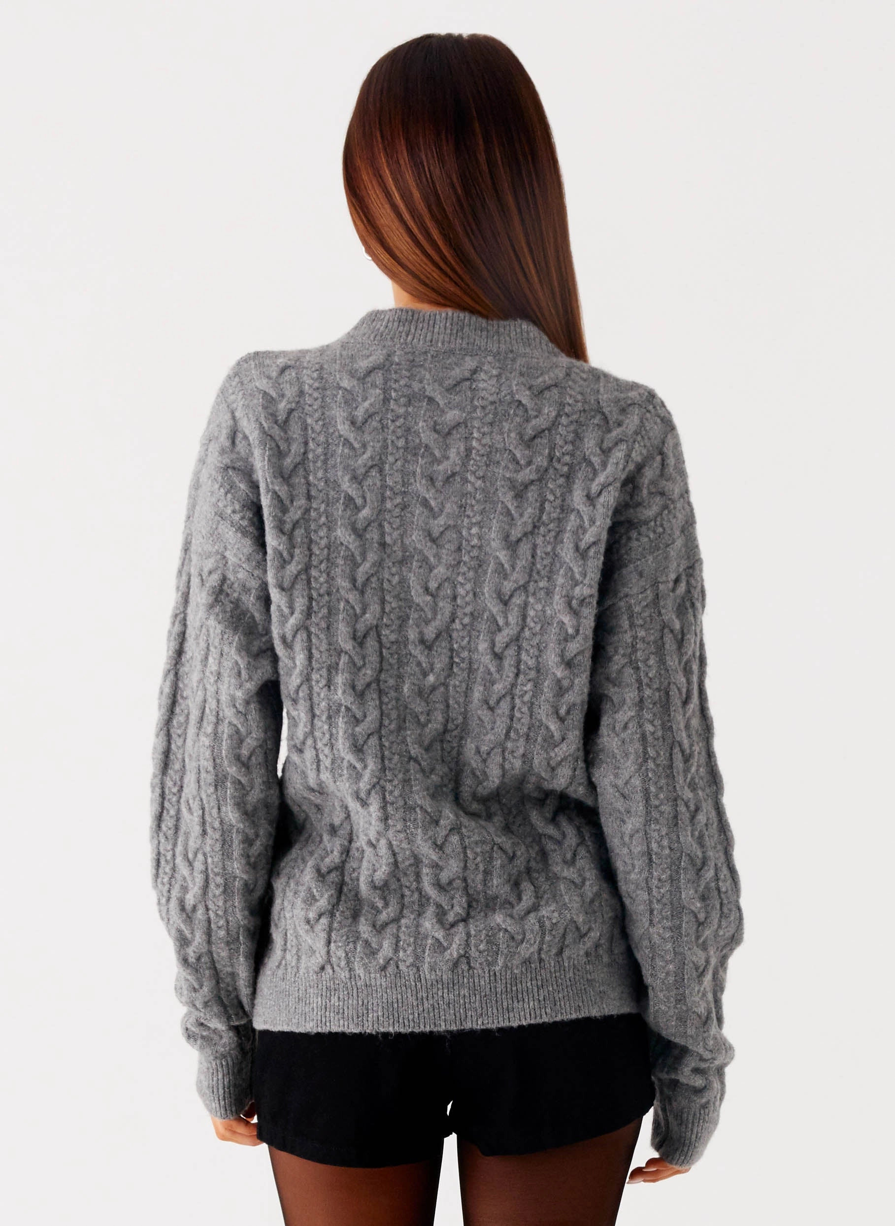 Frawley Cable Knit Cardigan - Grey Adjustable Shoulder Straps Comfy Fit