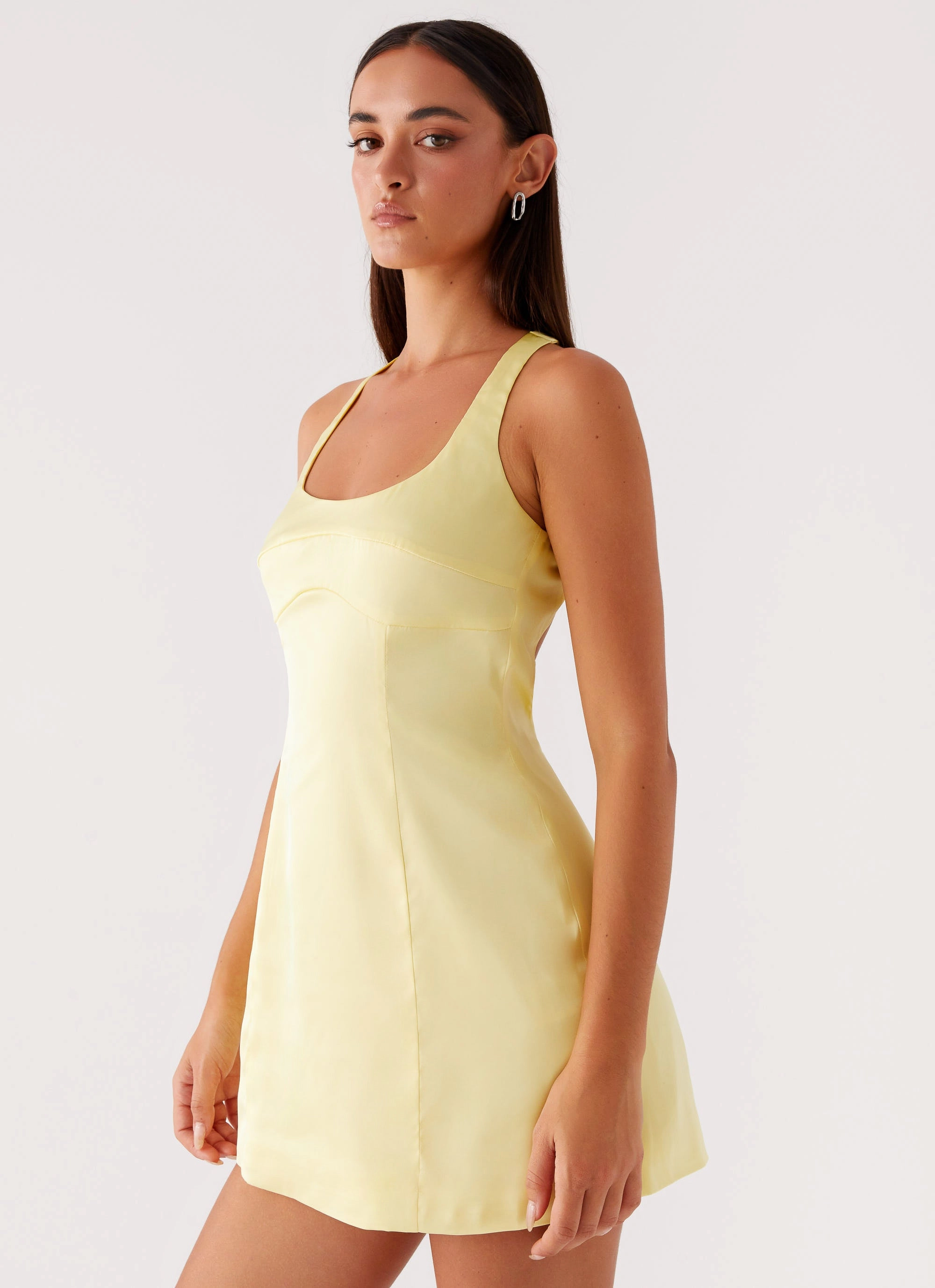 Freefall Satin Mini Dress - Yellow Draped Silhouette Soft Texture