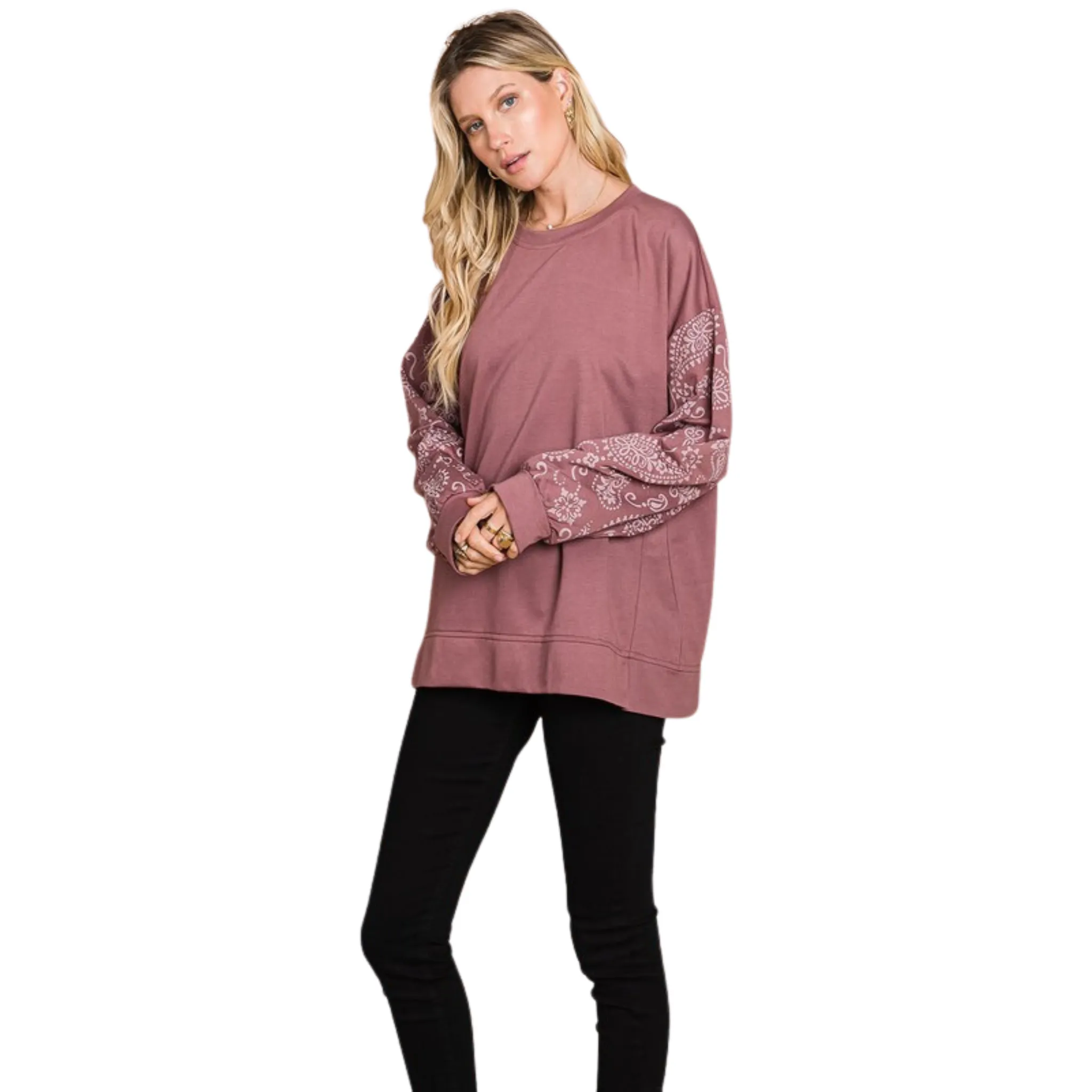 French Terry Printed Sleeve Top